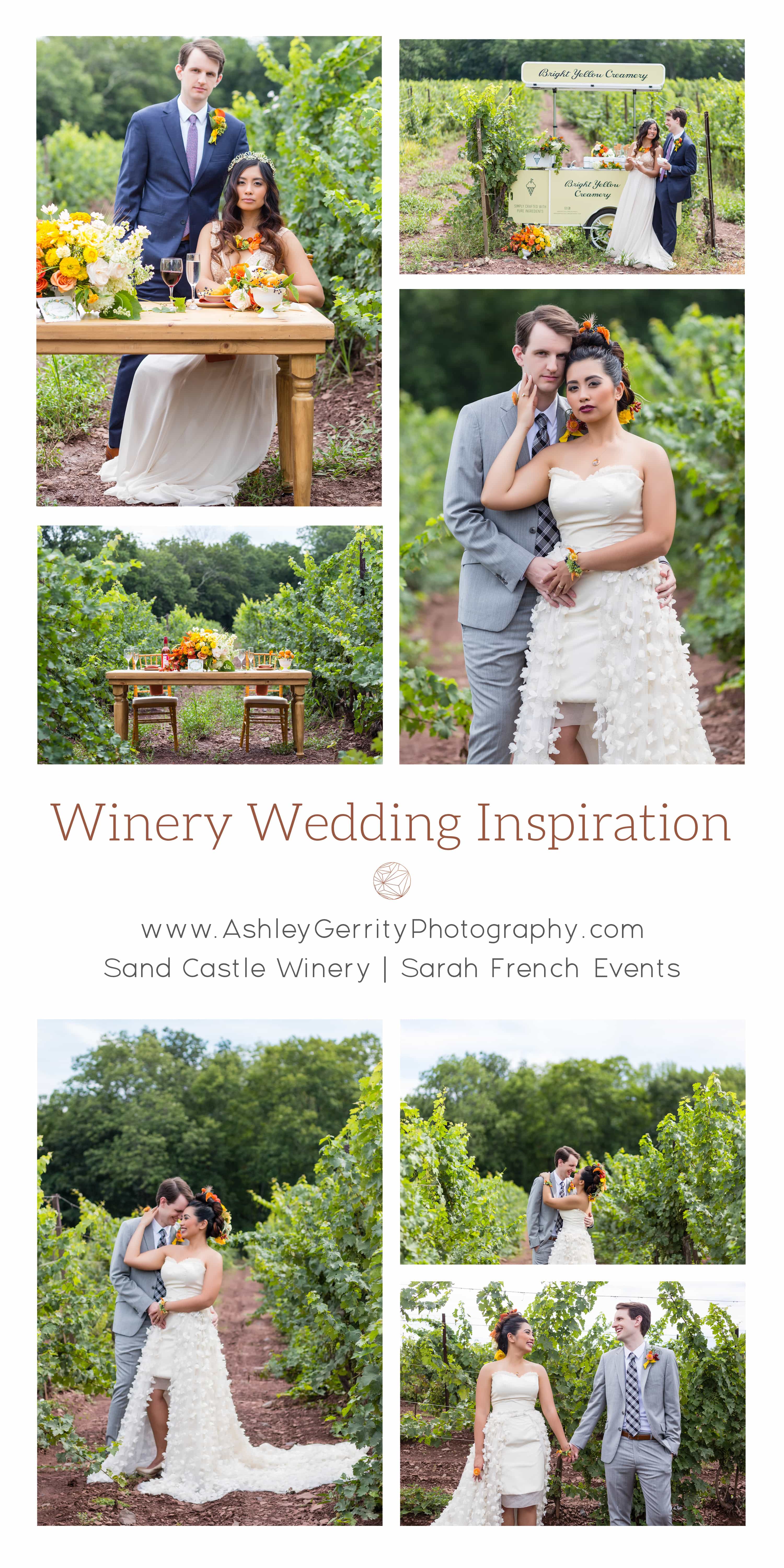 Collage of winery & vineyard wedding inspiration for a colorful outdoor summer wedding, including portraits of a bride & groom in vineyards, sweetheart table with orange & yellow centerpieces in a vineyard.