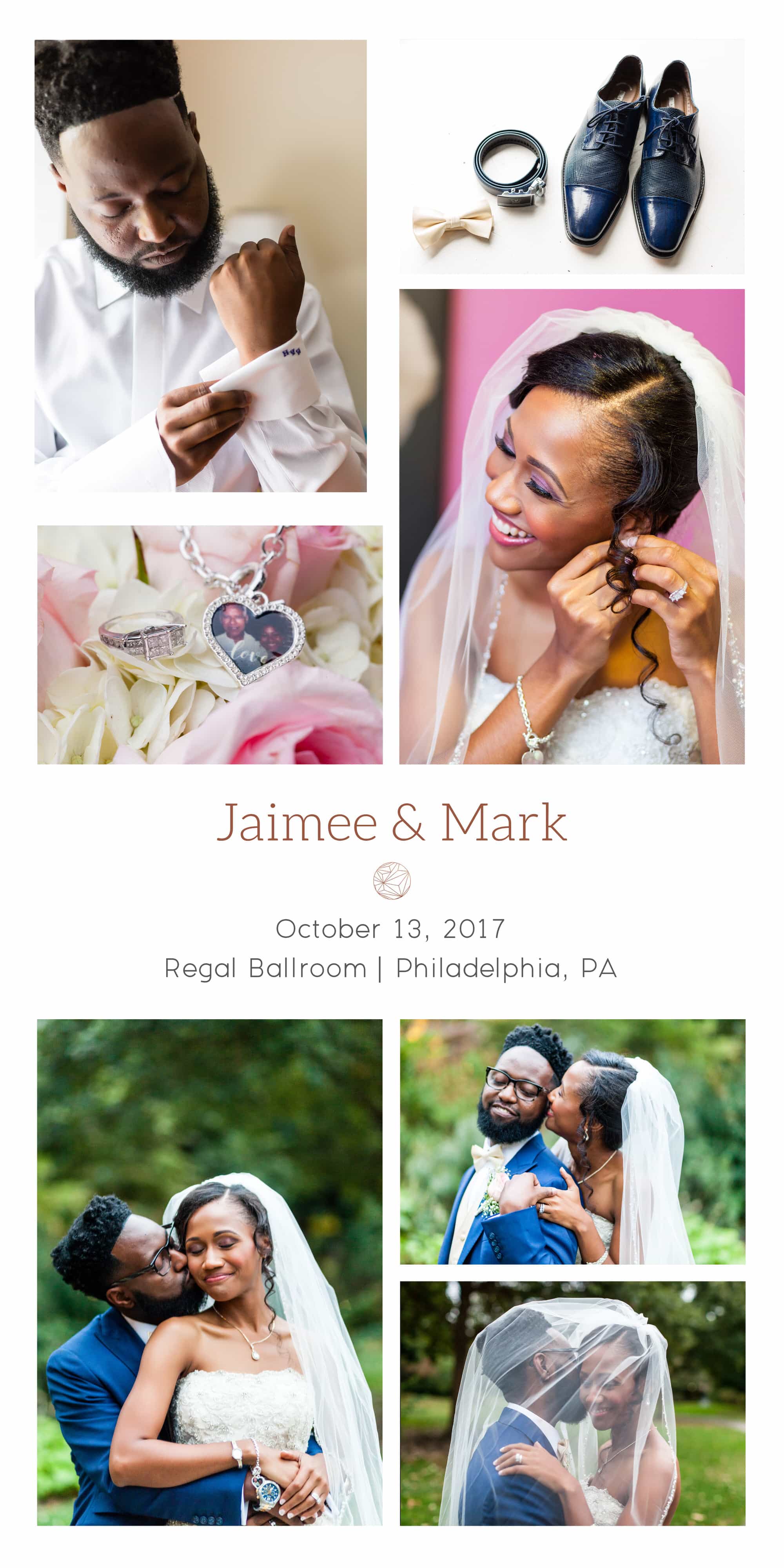 Collage of wedding day from Regal Ballroom wedding in Philadelphia, PA, including bride's memorial locket, bride & groom getting ready, and wedding portraits at the Philadelphia Museum of Art Azalea Gardens.