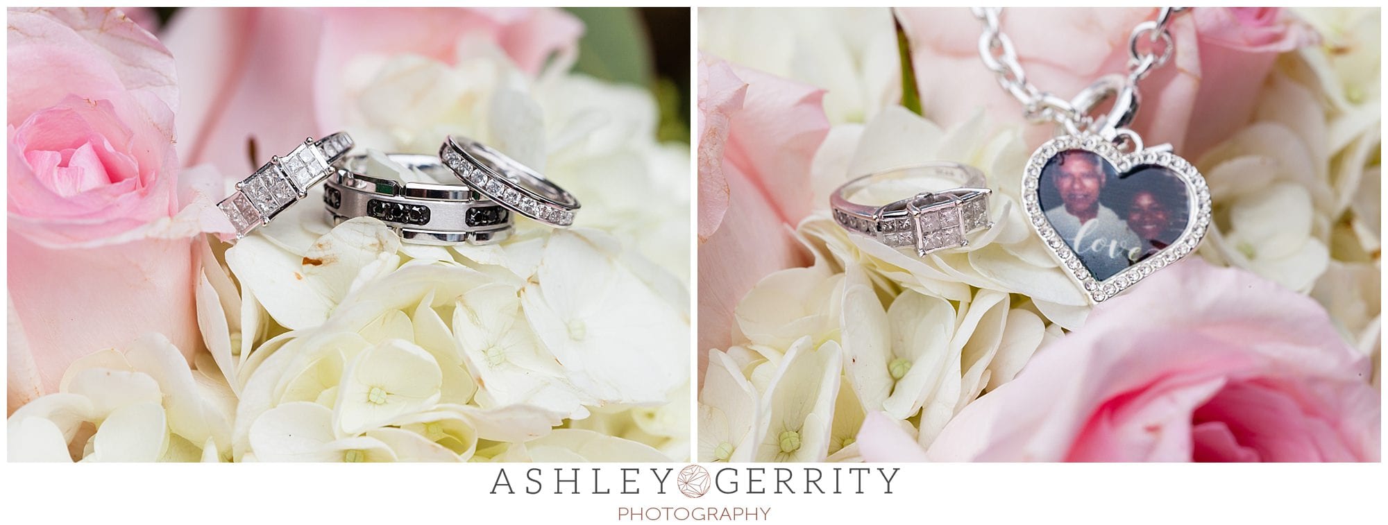 wedding rings and silver heart shaped locket of bride's father on pale pink & white hydrangeas