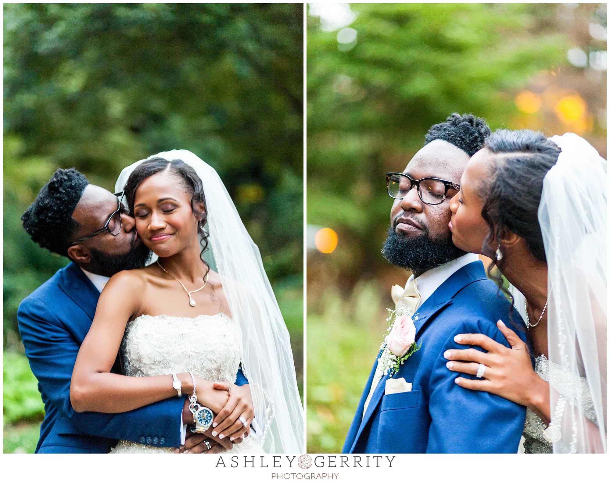 Black bride & groom embrace during their wedding portraits at the Philadelphia Museum of Art Azalea Garden