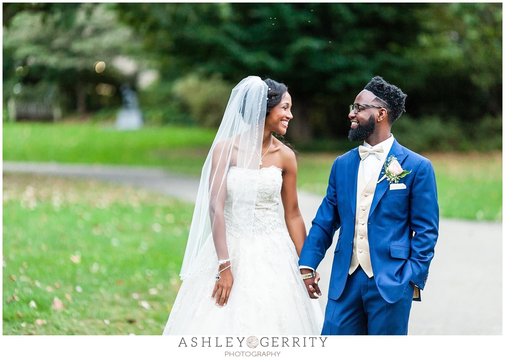 Bride & Groom walking together at the Philadelphia Museum of Art Azalea Garden
