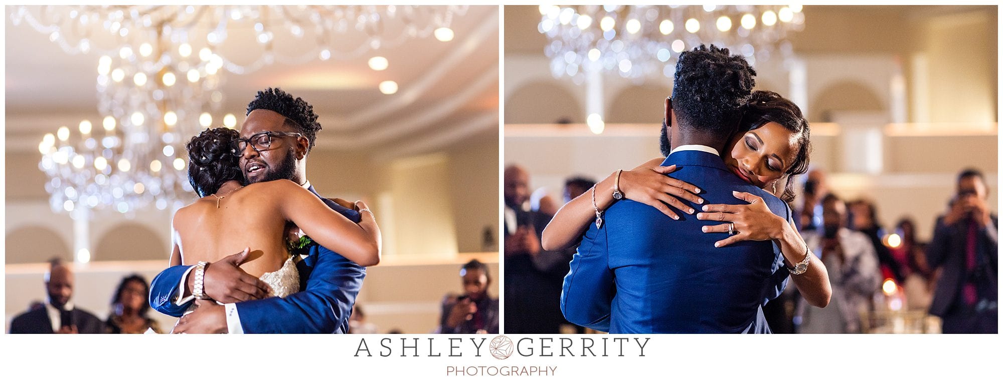 Bride & Groom share their first dance under brilliant chandeliers at the Regal Ballroom in Philadelphia, PA