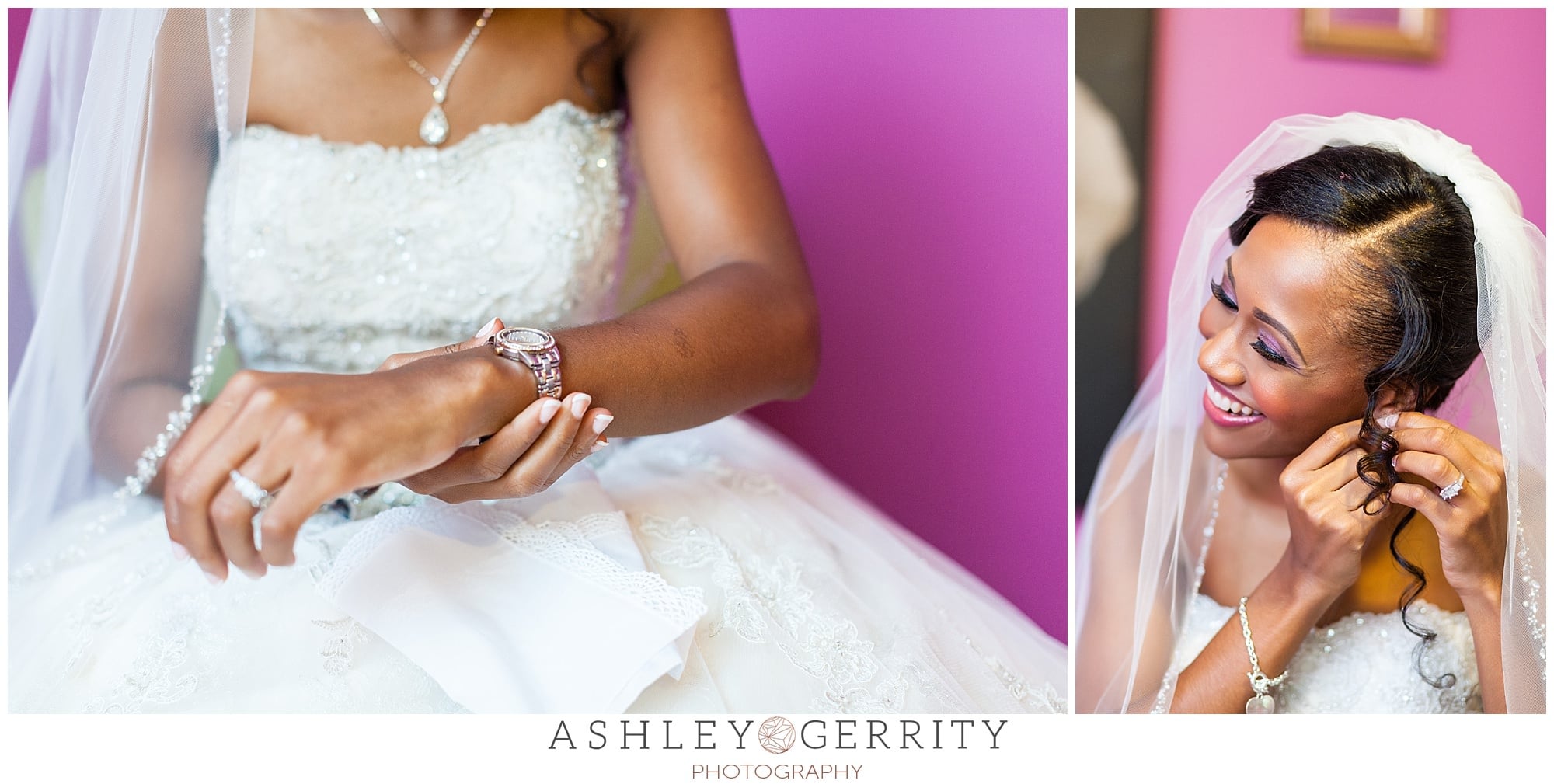 Bride getting ready for her wedding by putting on her watch and earrings.