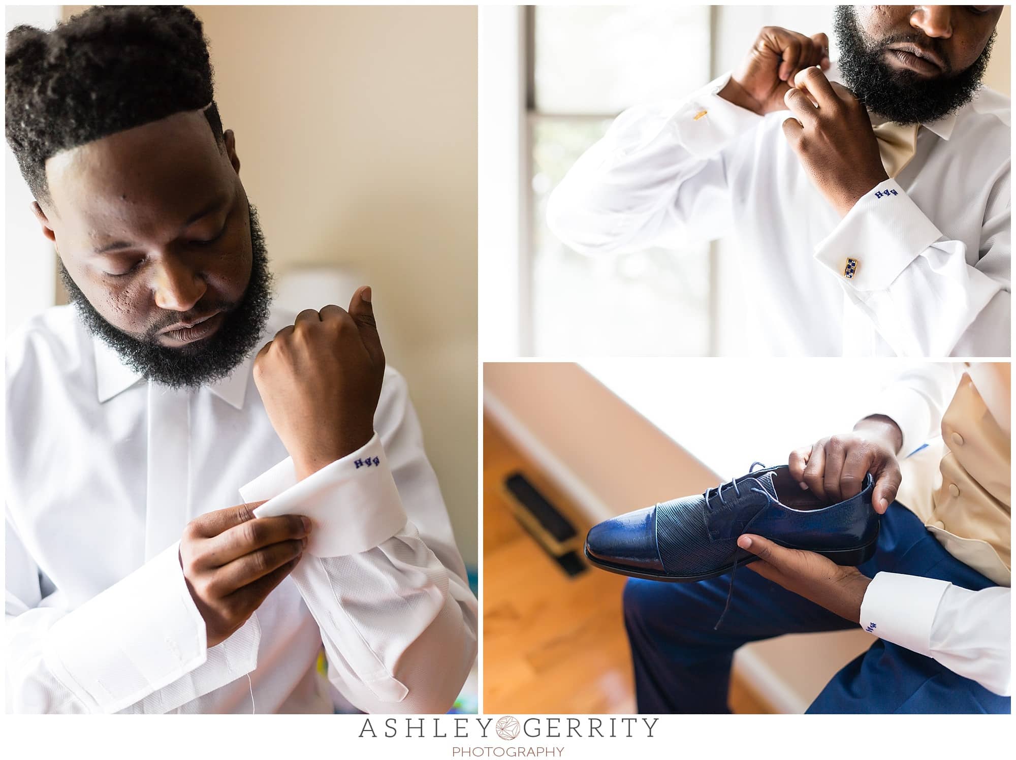 Groom getting ready, attaching his cufflinks, adjusting his collar, and putting on black dress shoes.
