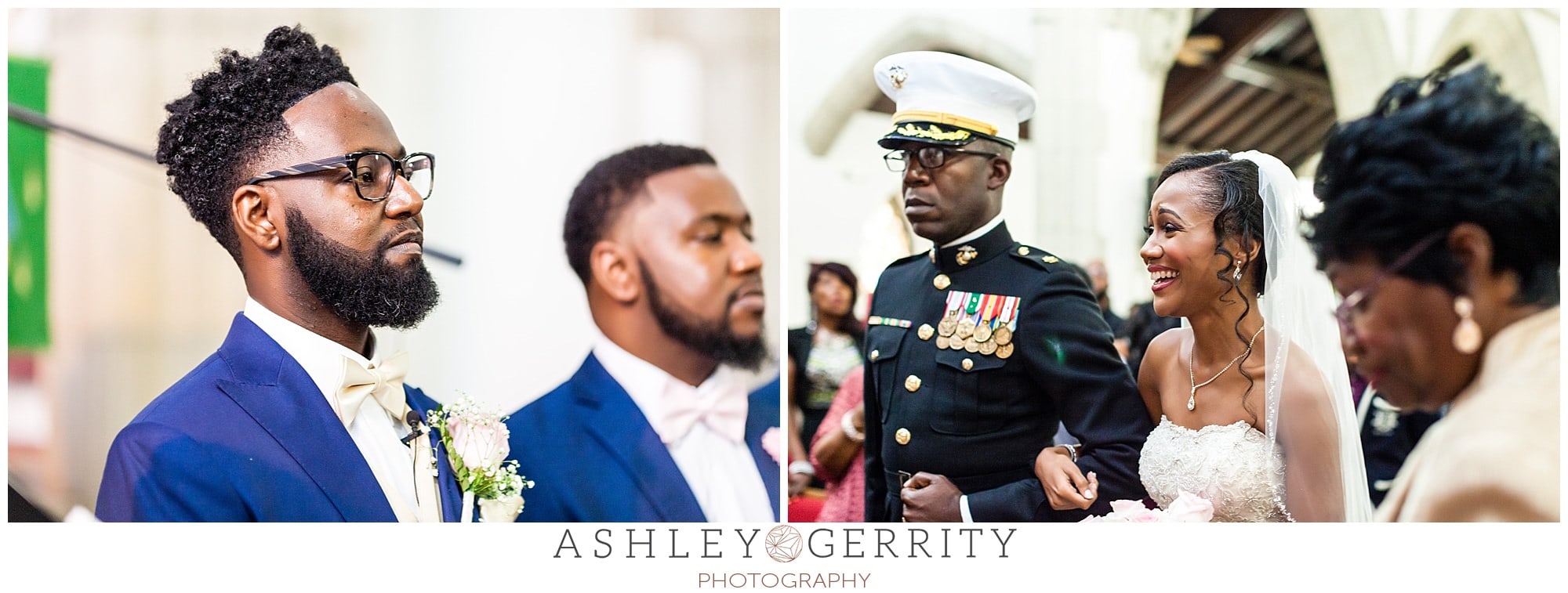 Groom awaits his bride as she walks down the aisle. Bride escorted by her uncle in full navy dress blues.