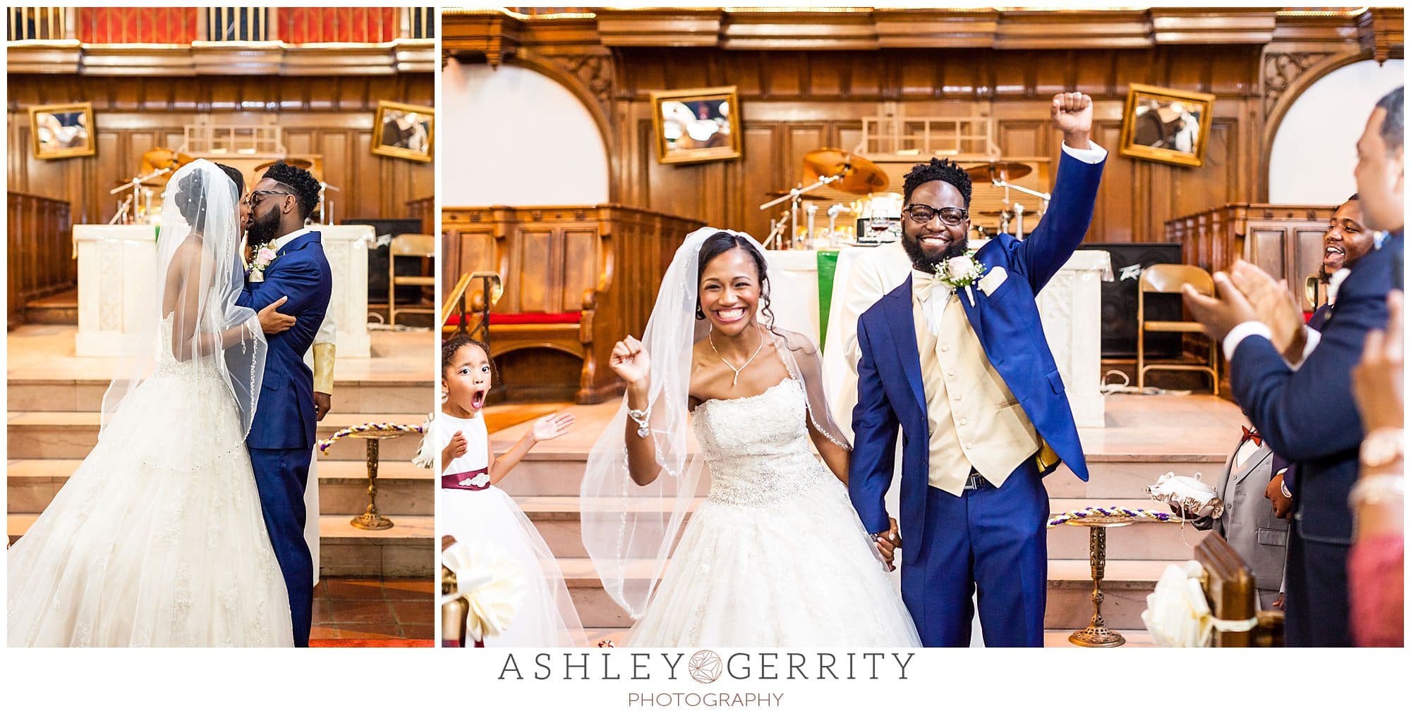 Black bride & groom embrace in their first kiss as husband & wife before triumphantly dancing down the aisle.