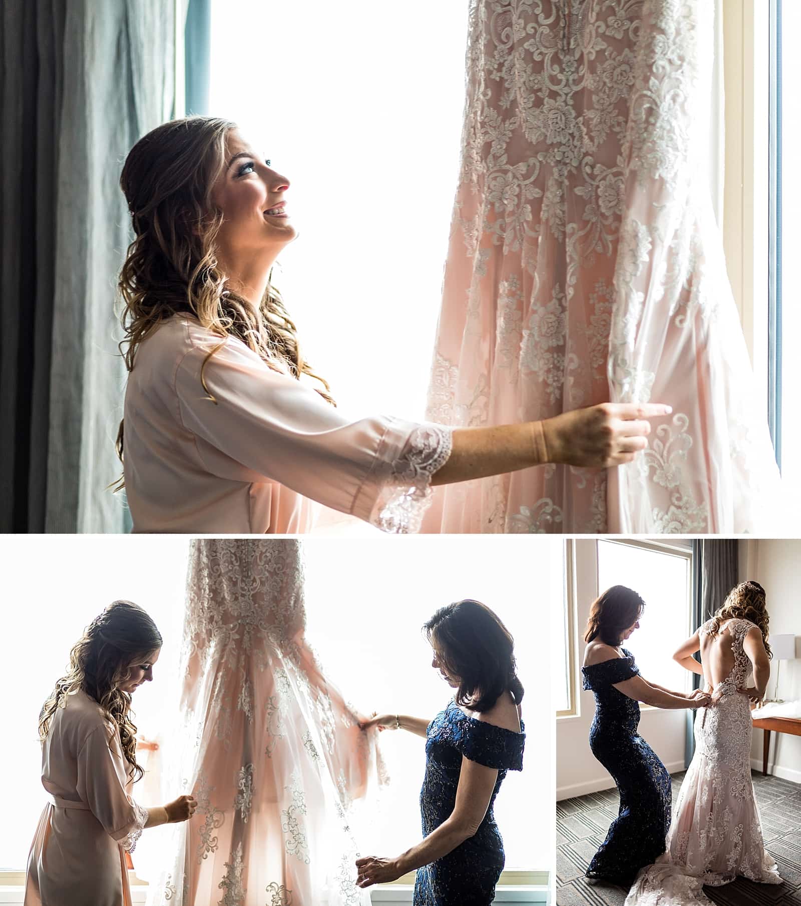 Bride admiring her wedding dress with mother of the bride lacing the wedding gown