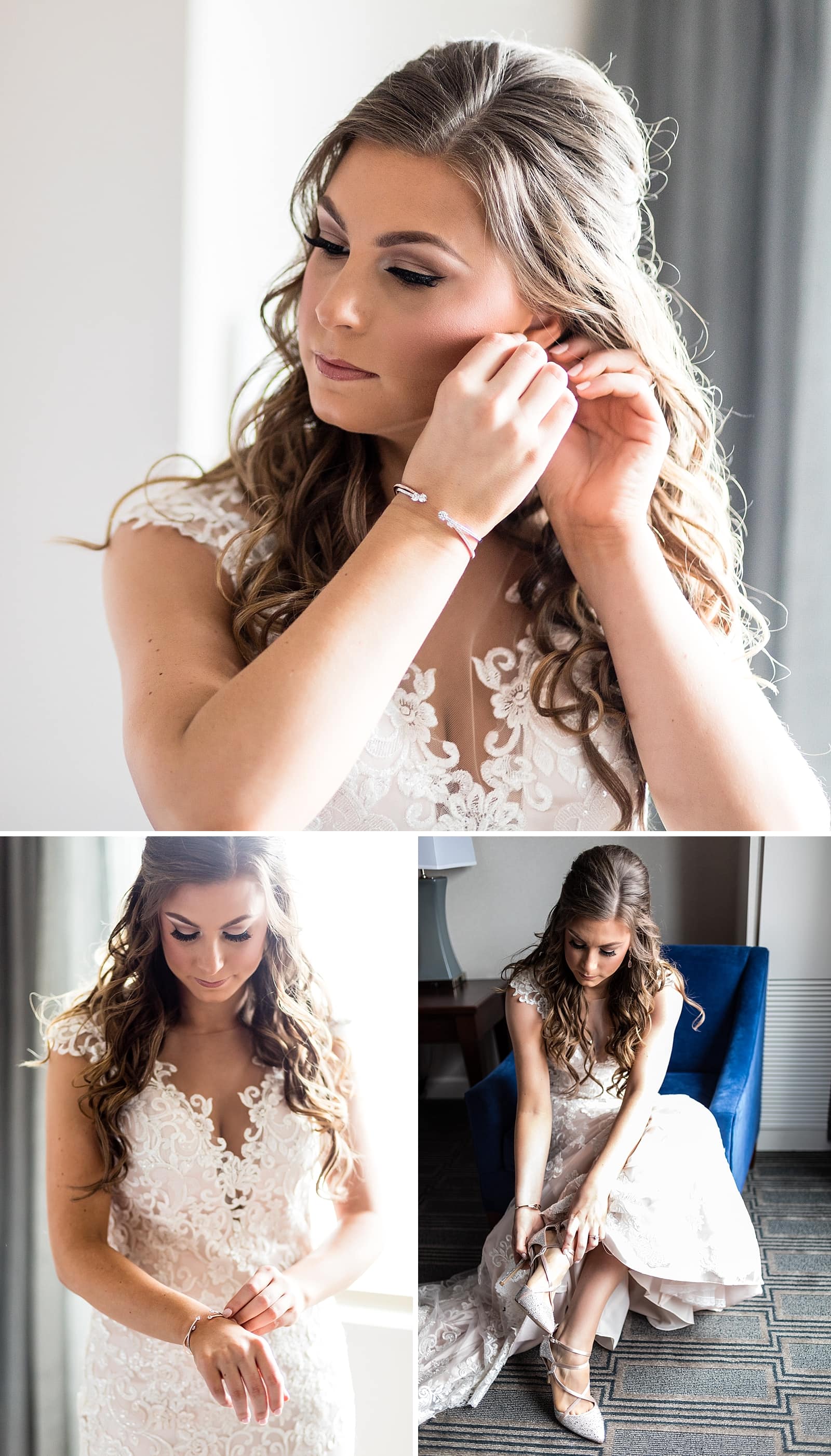 Bride putting on jewelry earrings bracelet and Badgley Mischka heels