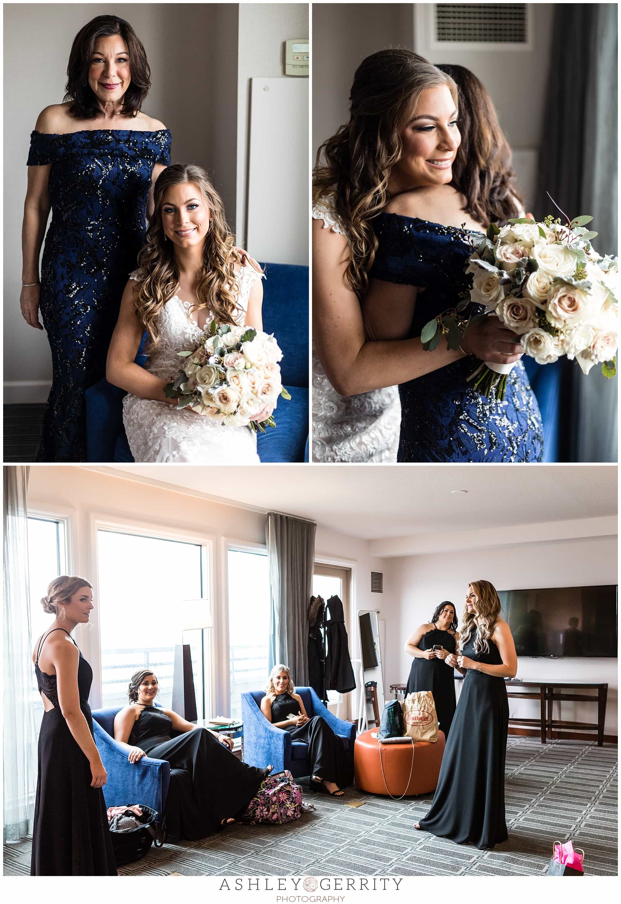 Bride hugging mother of the bride with mother daughter portrait and bridal party getting ready shot