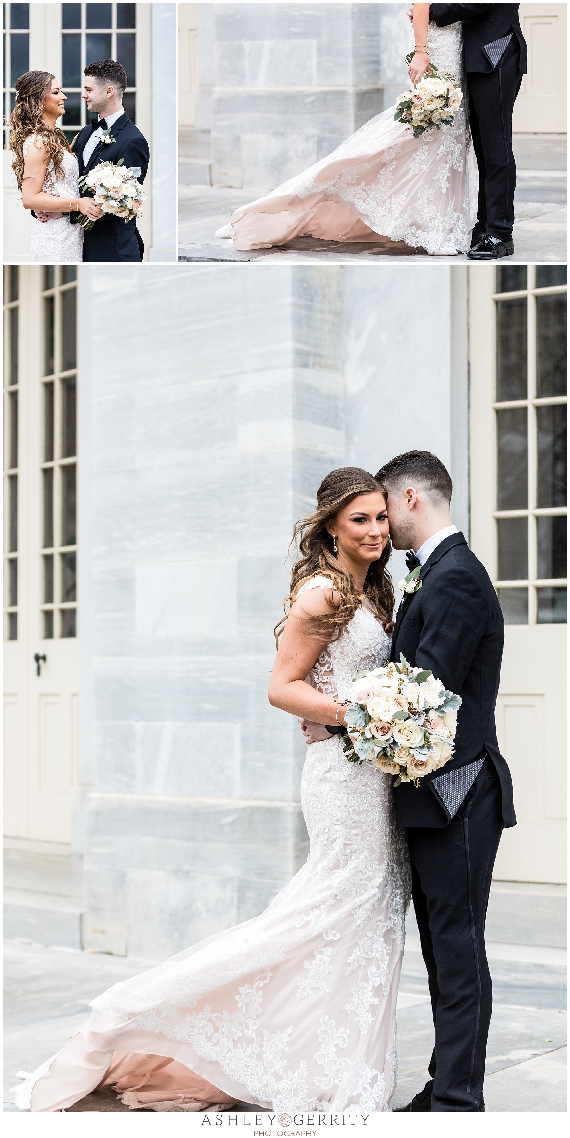 bride and groom embracing portraits hugging smiling bridal bouquet and dress train