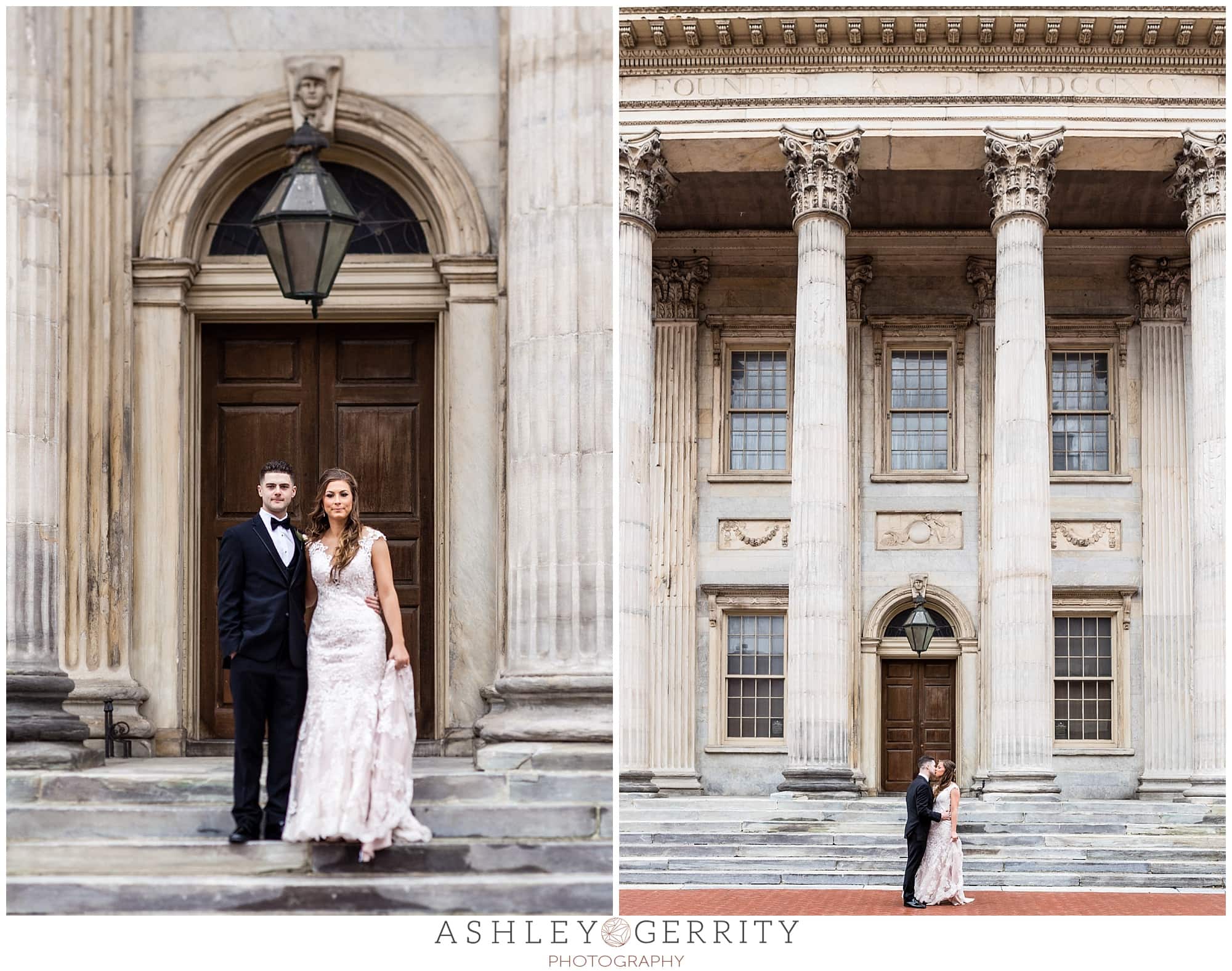 wedding portrait bride and groom portrait outside merchant exchange building MEB kissing 