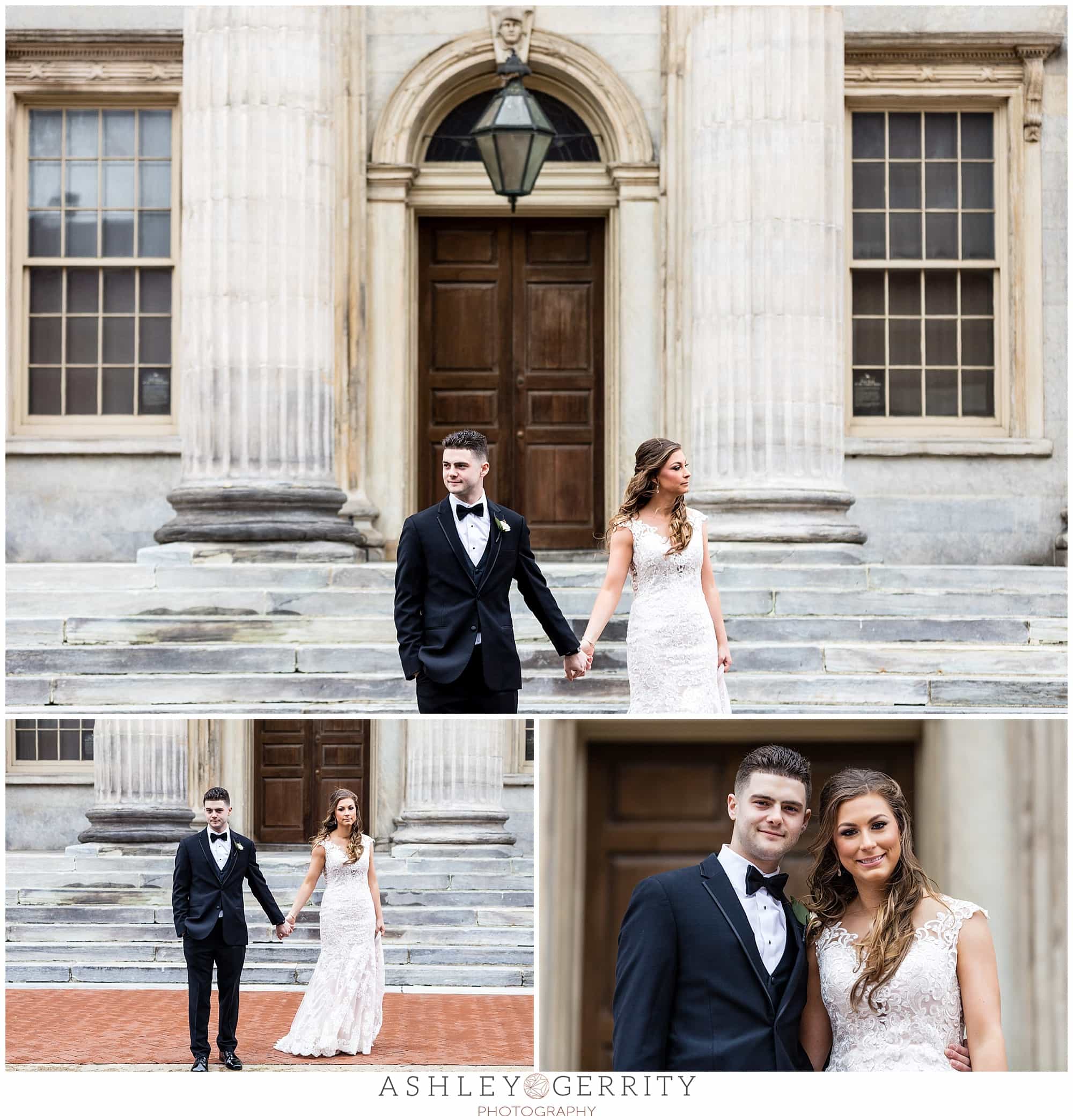 wedding portraits bride and groom holding hands outside merchant exchange building MEB