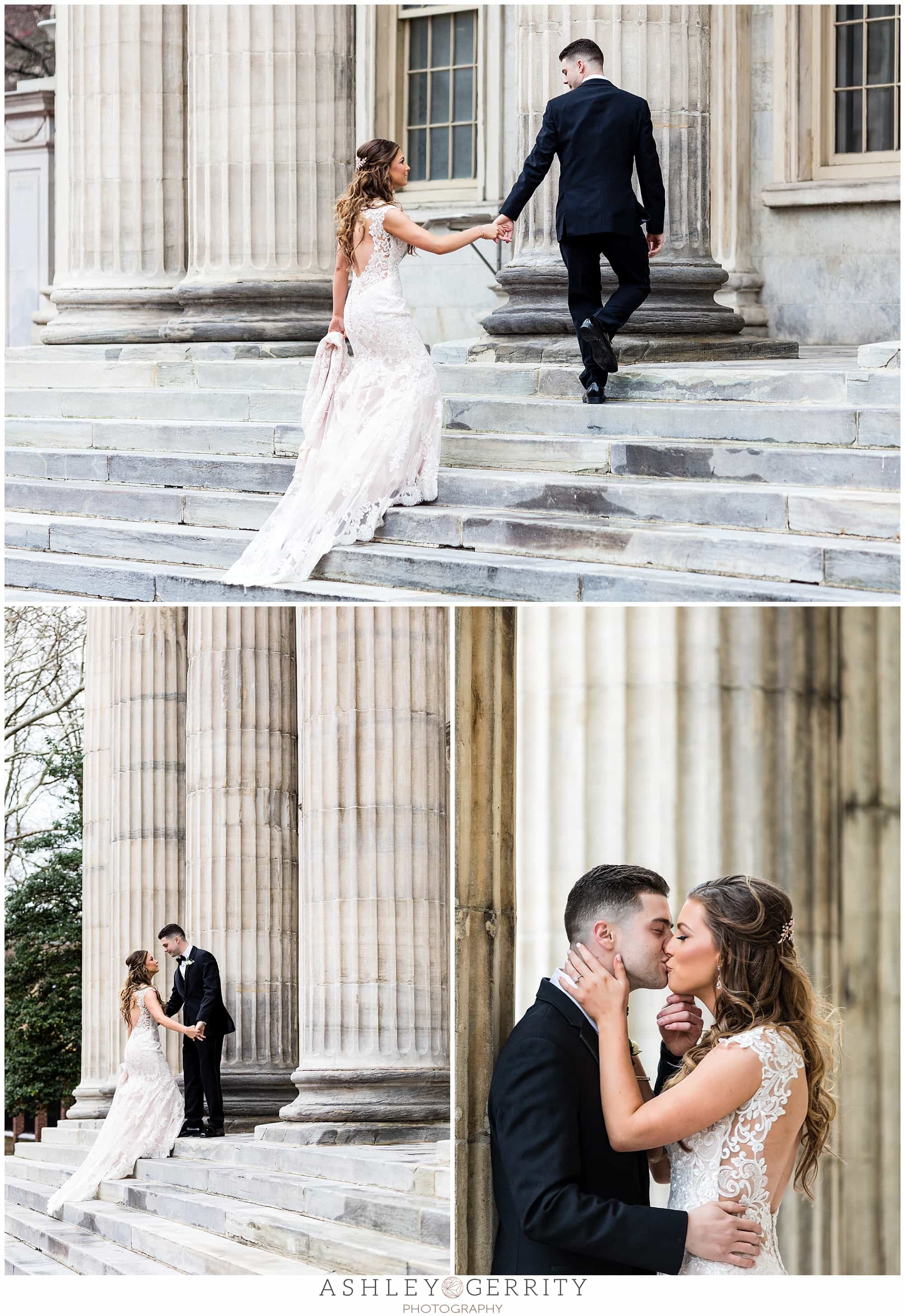 wedding portraits bride and groom kissing walking upstairs outside merchant exchange building front steps