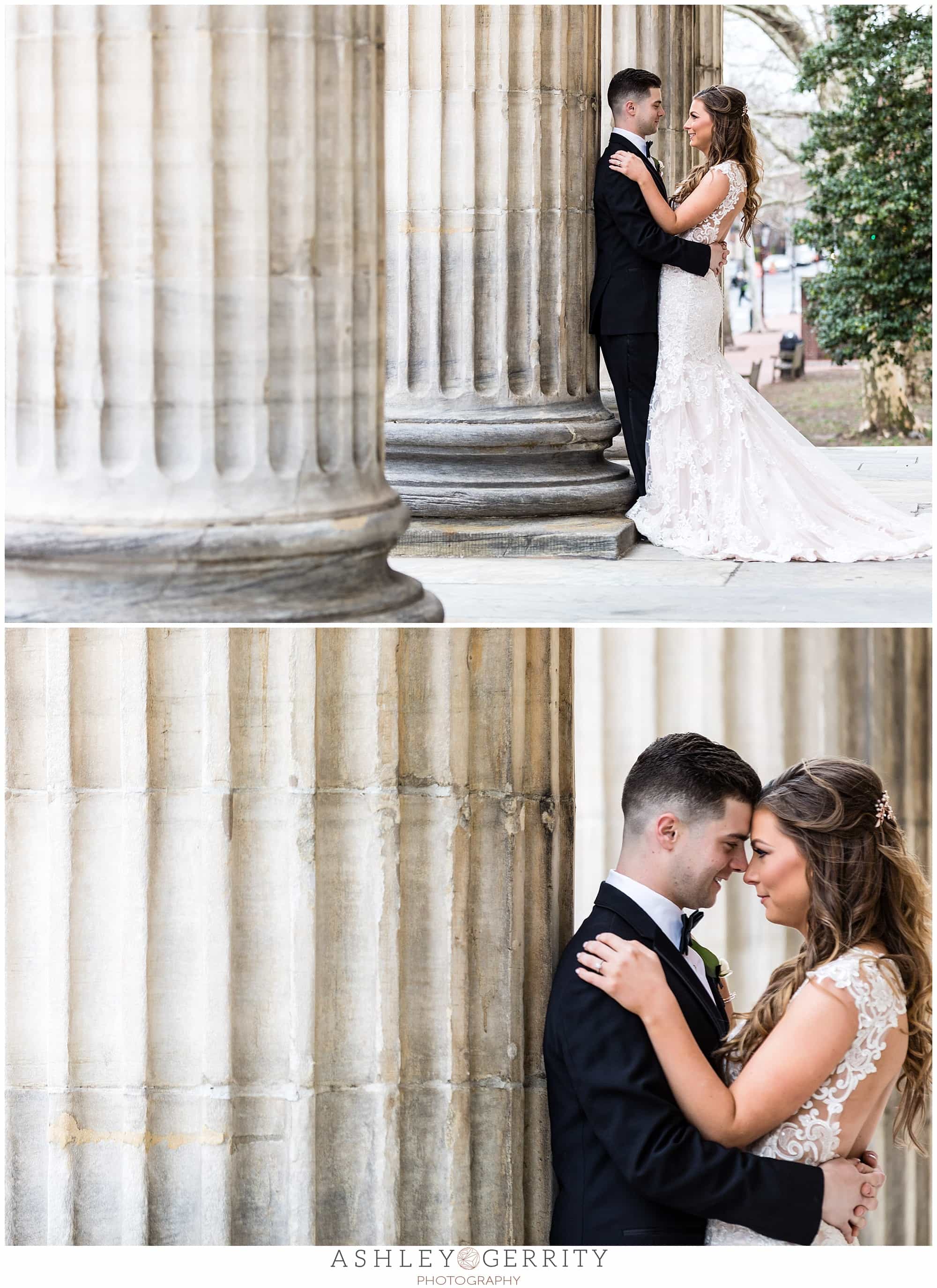 wedding portraits bride and groom holding looking at each other outside merchant exchange building 