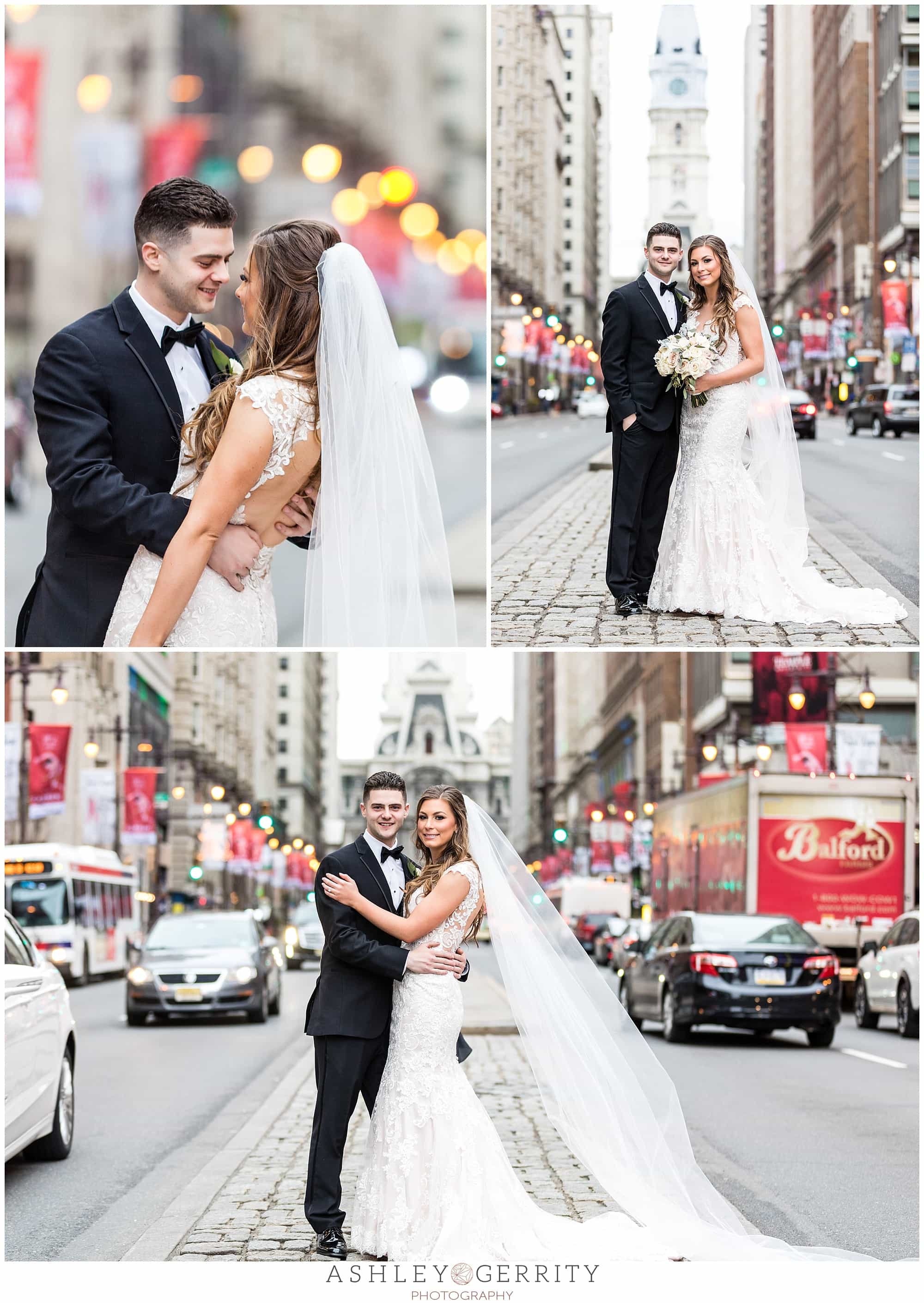 wedding portraits bride and groom holding each other city hall Philadelphia 