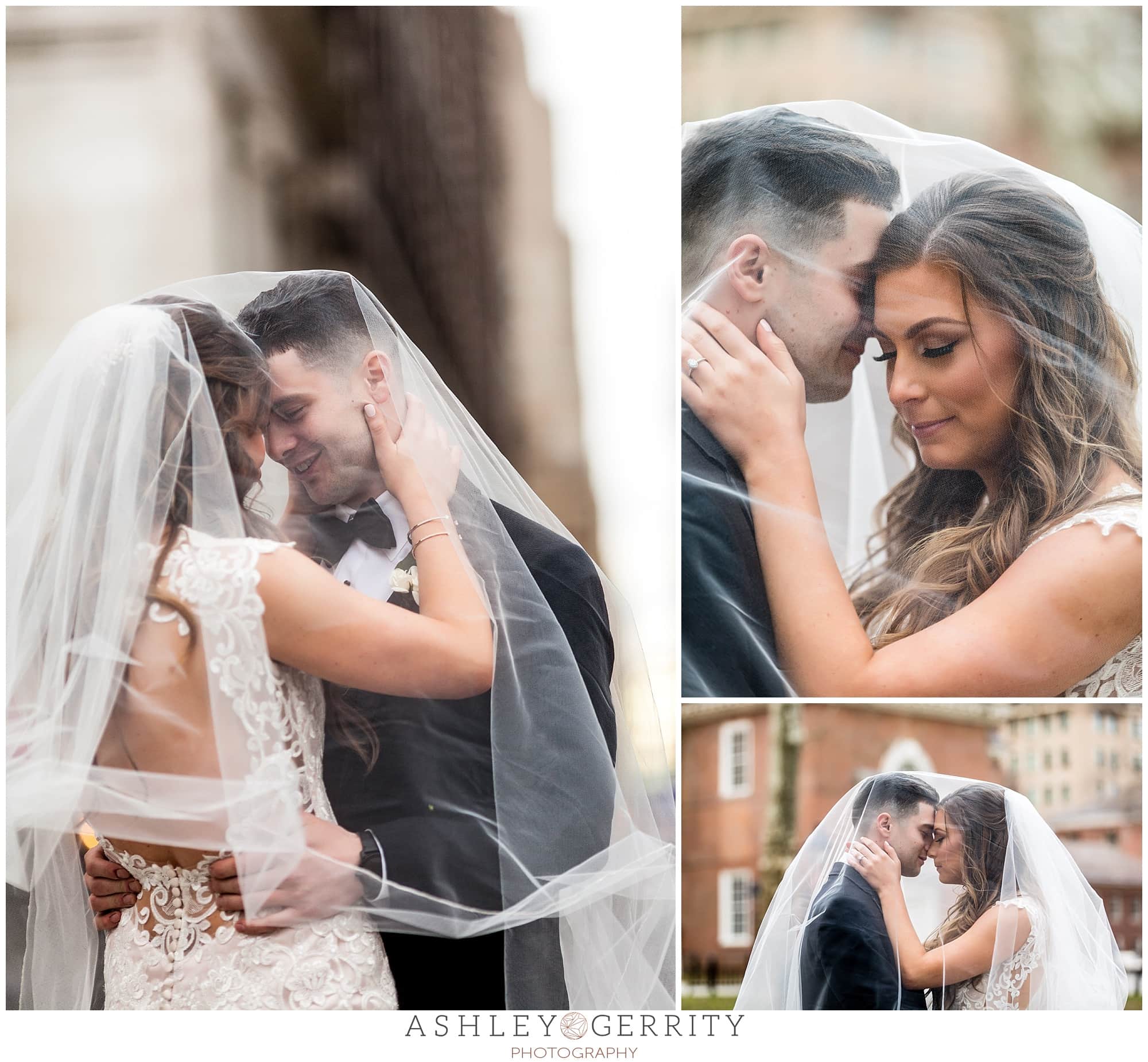 wedding portraits bride and groom kissing under veil 