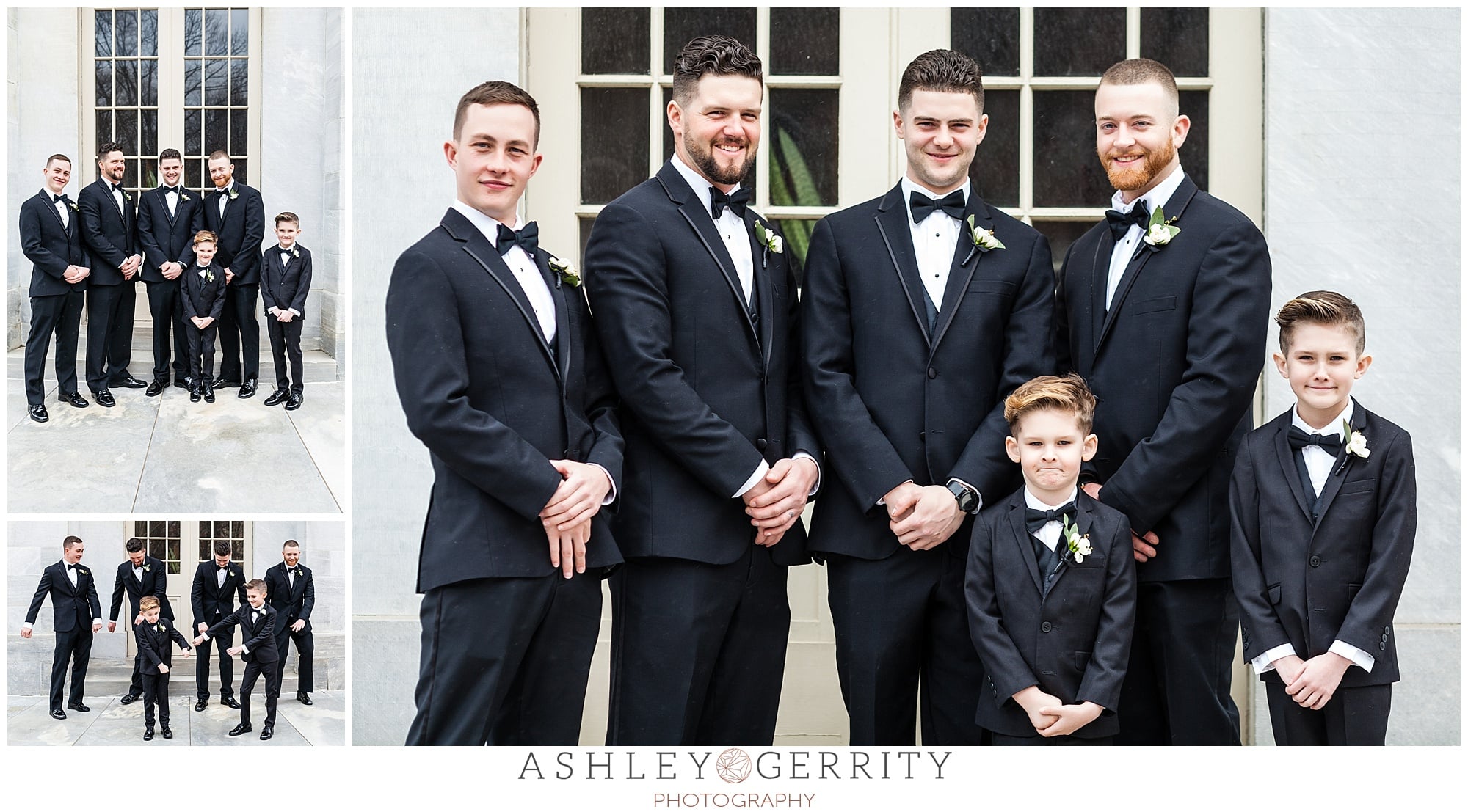 groomsmen portraits with ring bearers black tuxedos  posed and dancing