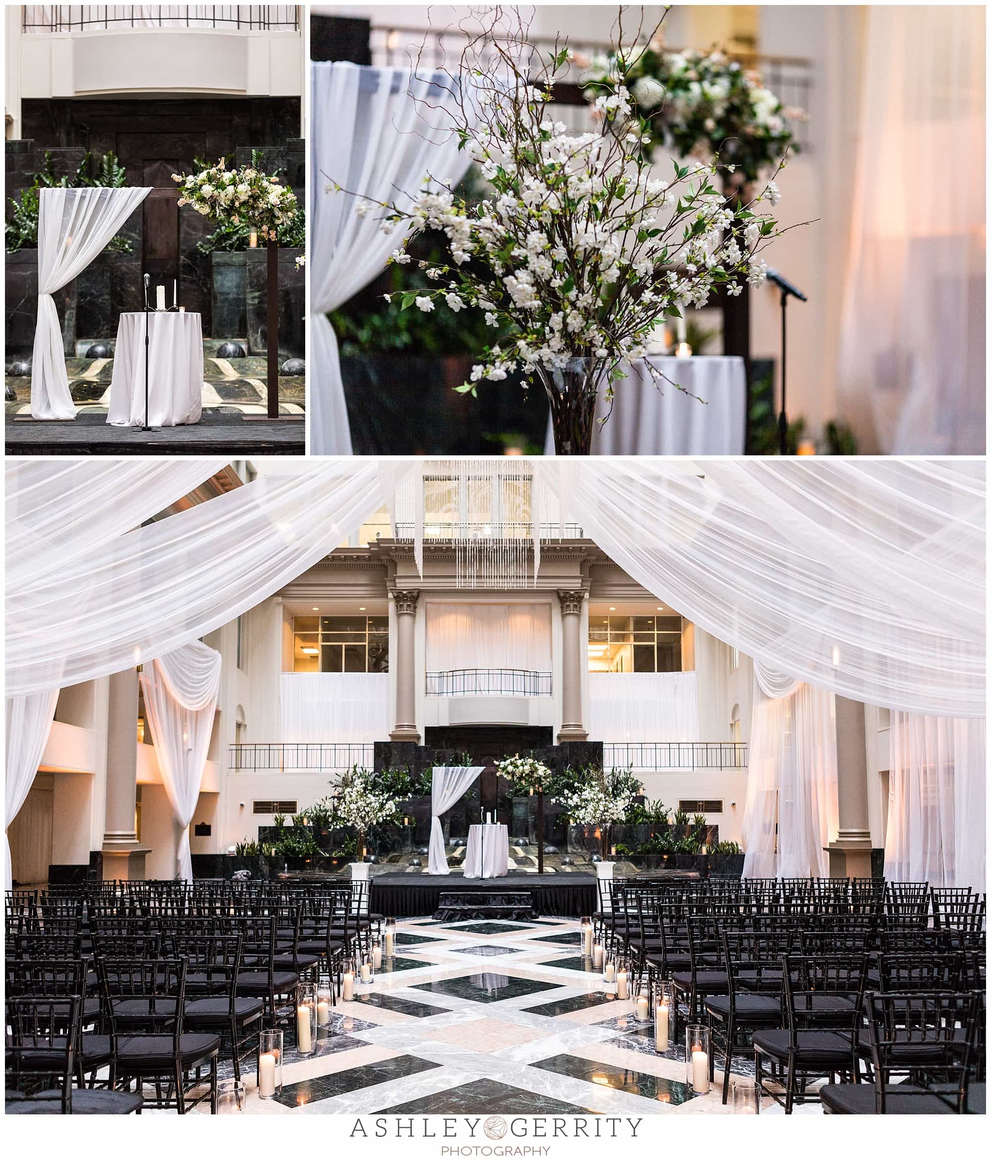 ballroom wedding white drapery white flowers merchant exchange building cescaphe weddings