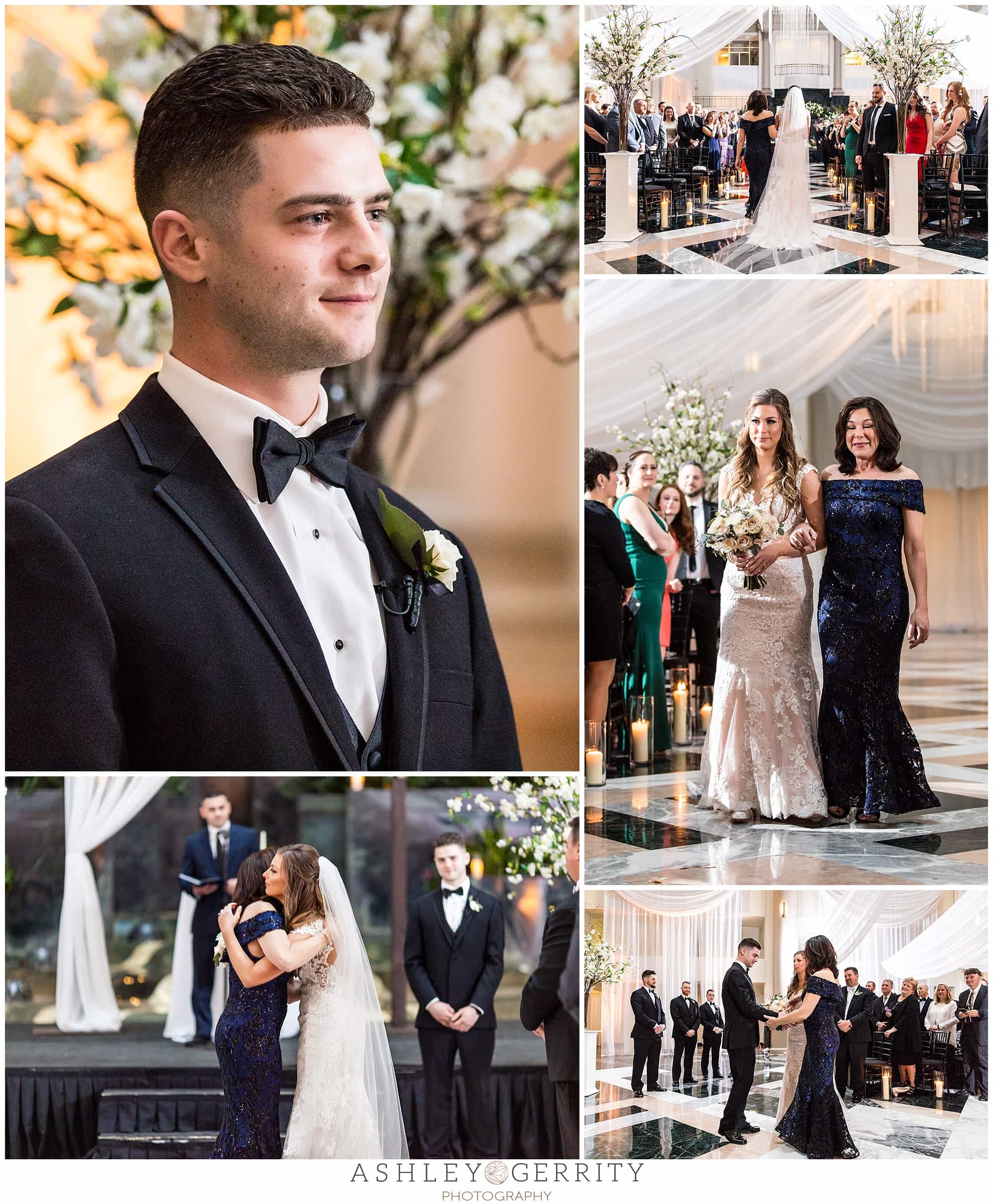 wedding ceremony groom watching bride walk down the aisle with mother and mother giving daughter away to groom 