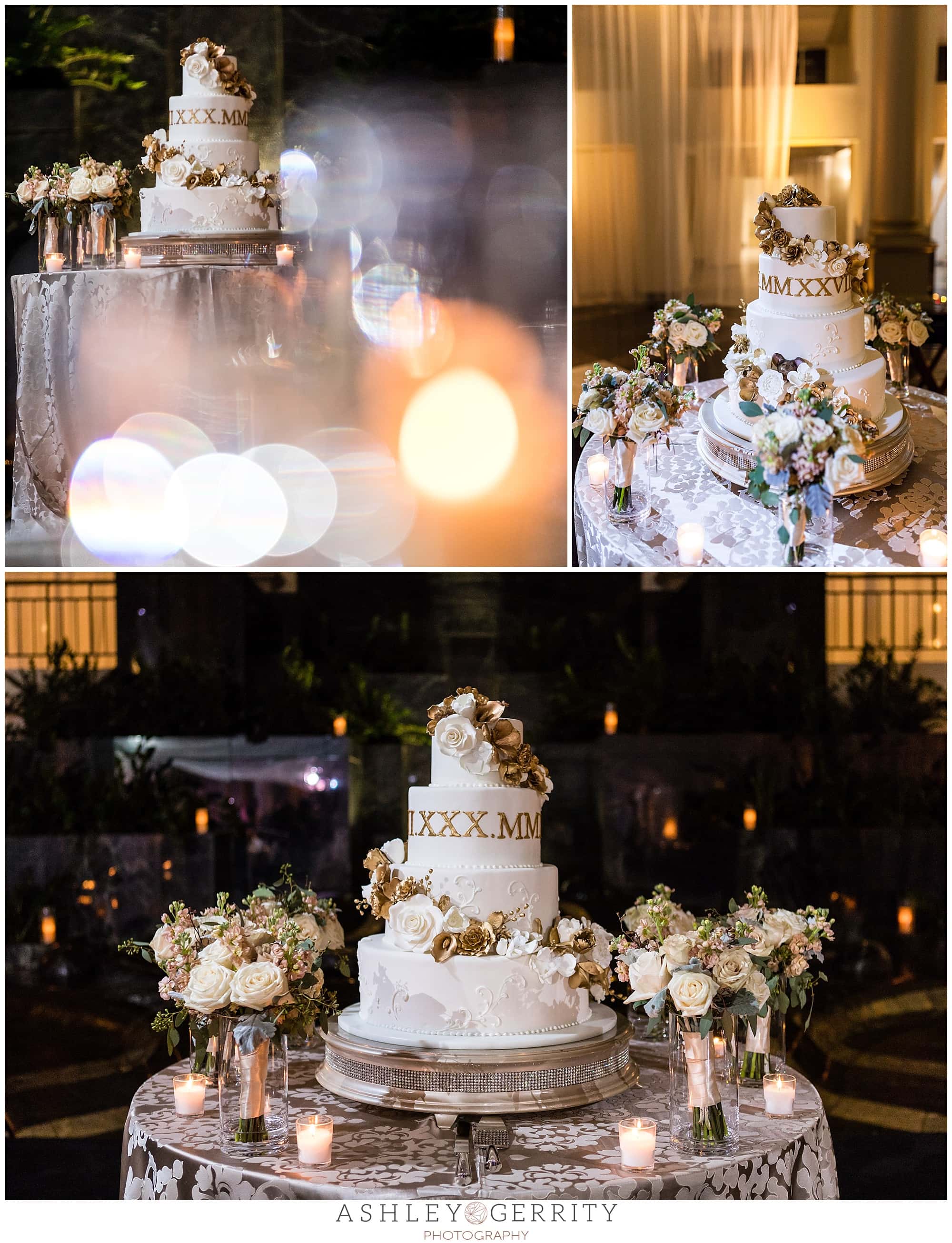 detail shot wedding cake blurry bokeh effect shiny gold flowers roman numeral wedding date candles bouquets merchant exchange building by cescaphe wedding