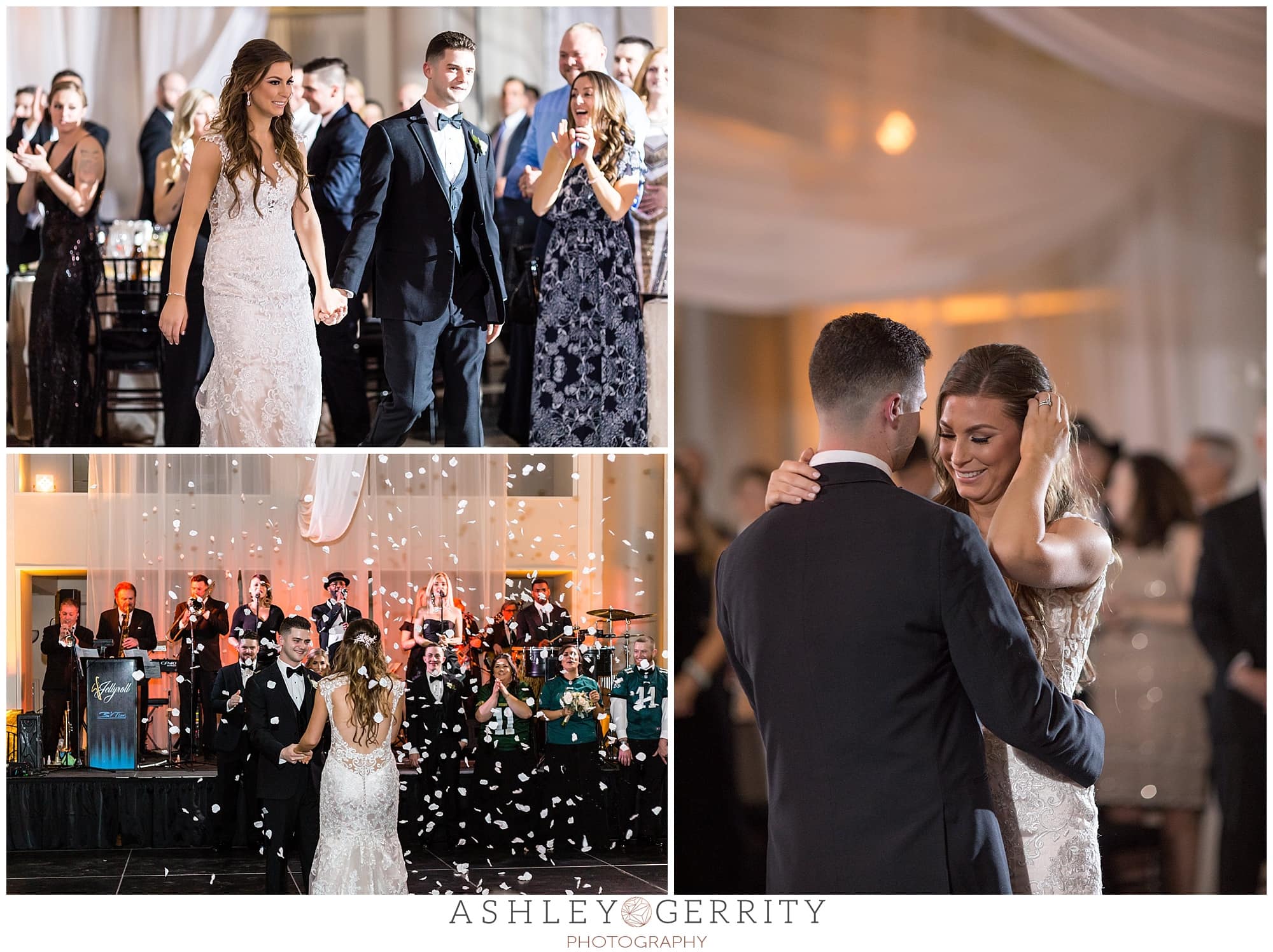 wedding reception bride and groom entrance raining flower petals first dance 