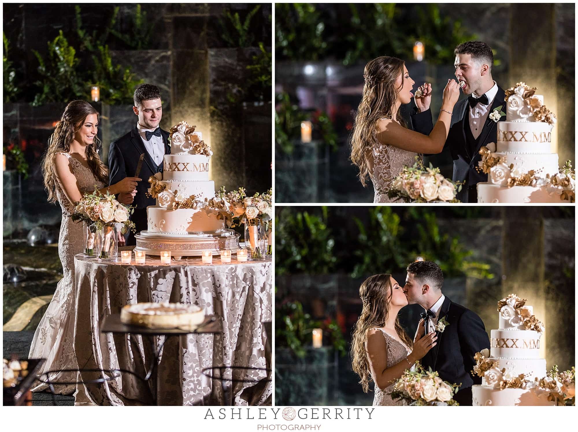 wedding reception bride and groom cutting wedding cake feeding each other cake kissing at merchant exchange building by cescaphe wedding