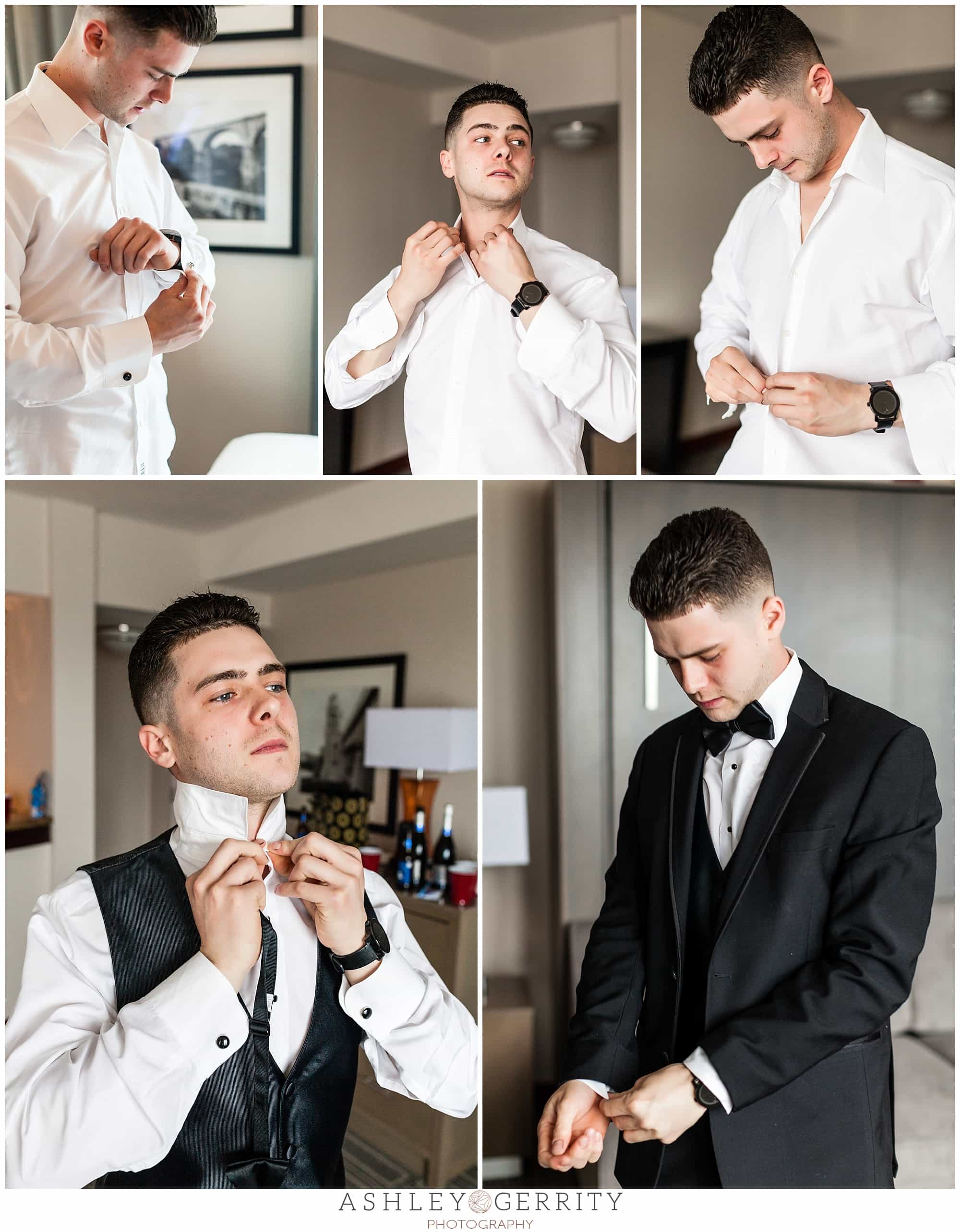 portraits of groom getting ready for wedding and putting on bowtie 