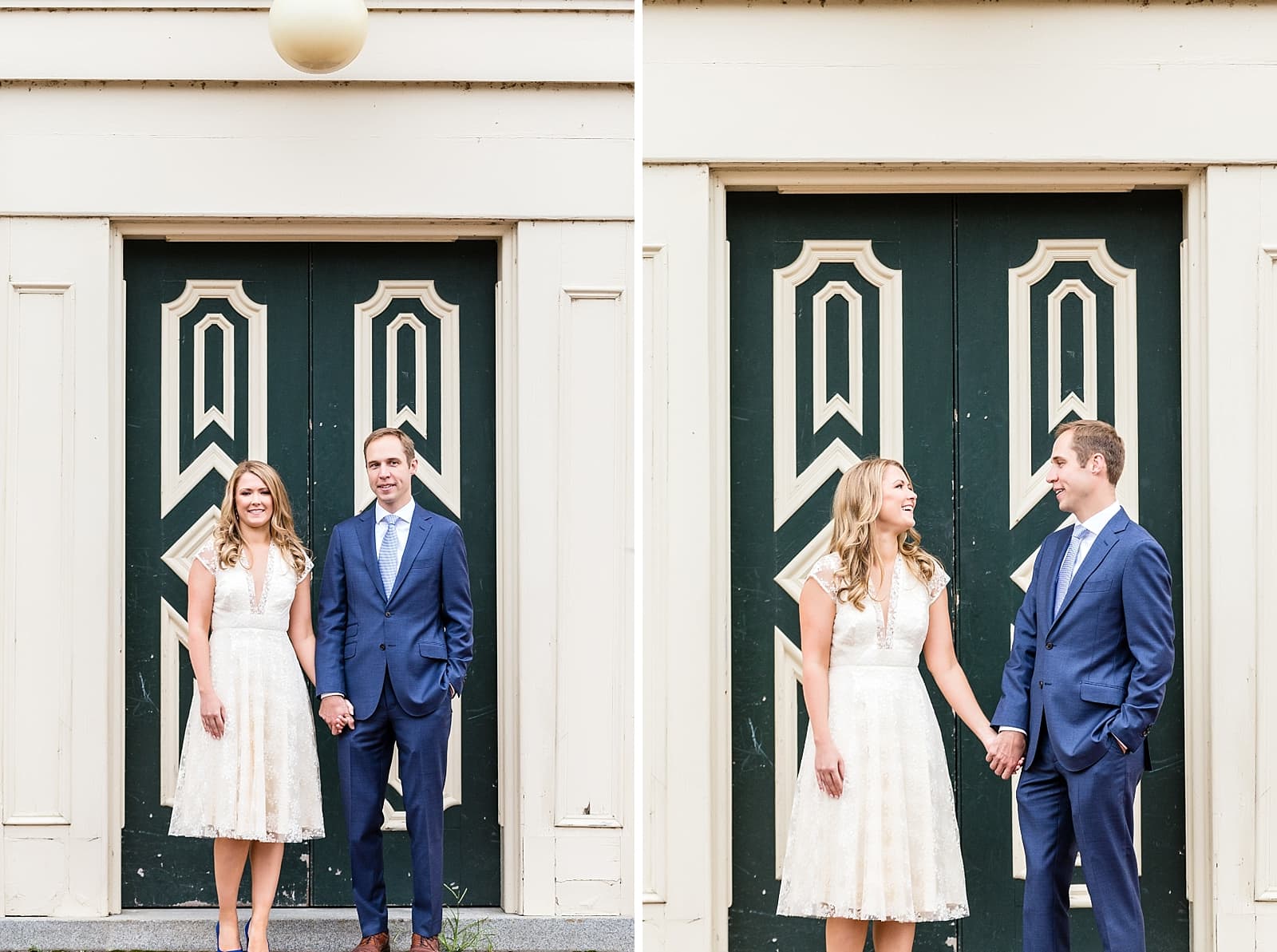 Philadelphia Art Museum engagement, lace white dress, blue suit, old wood door 