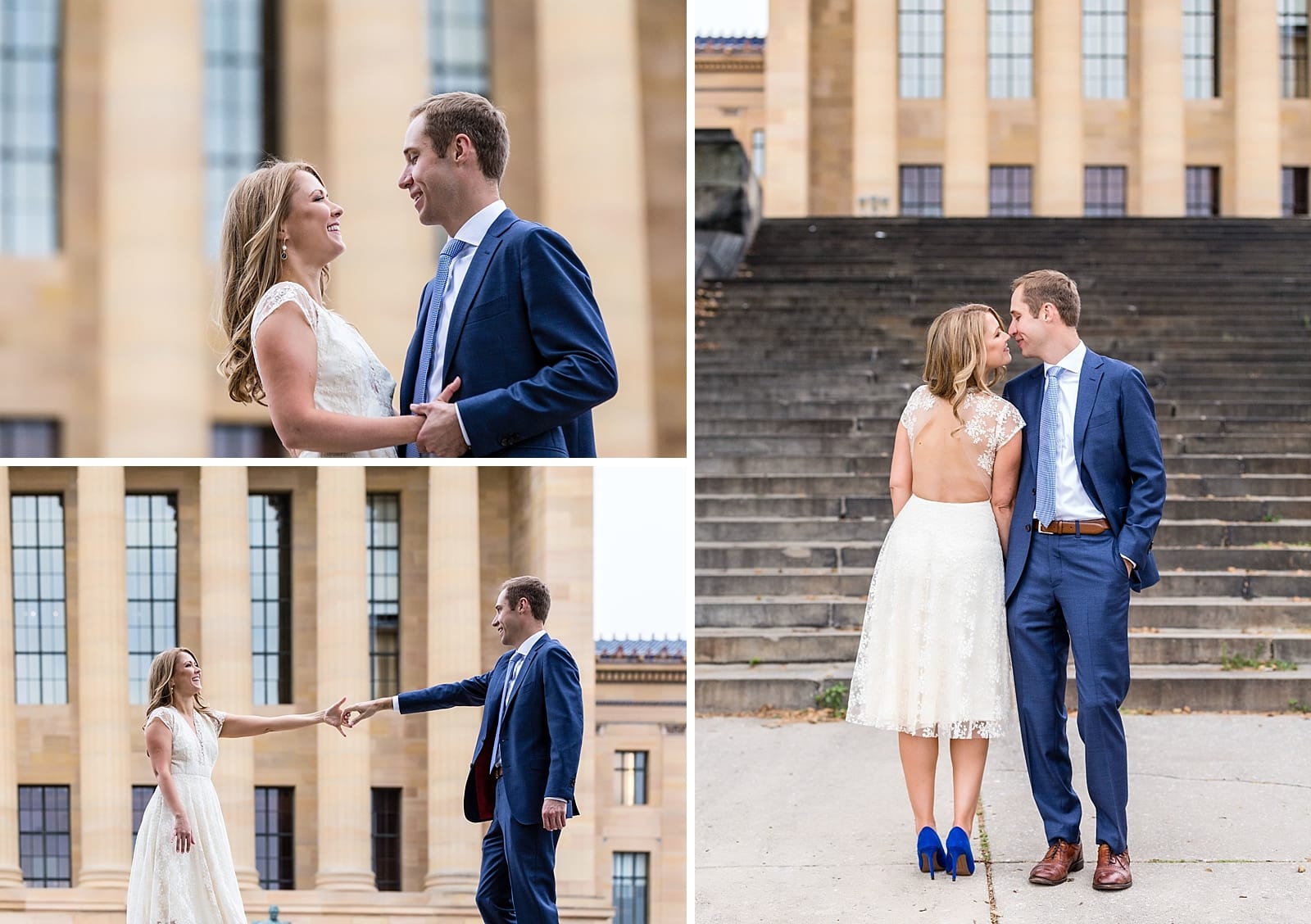 Philadelphia Art Museum engagement shoot, open back lace white dress and blue heels, blue suit, couple holding hands and laughing