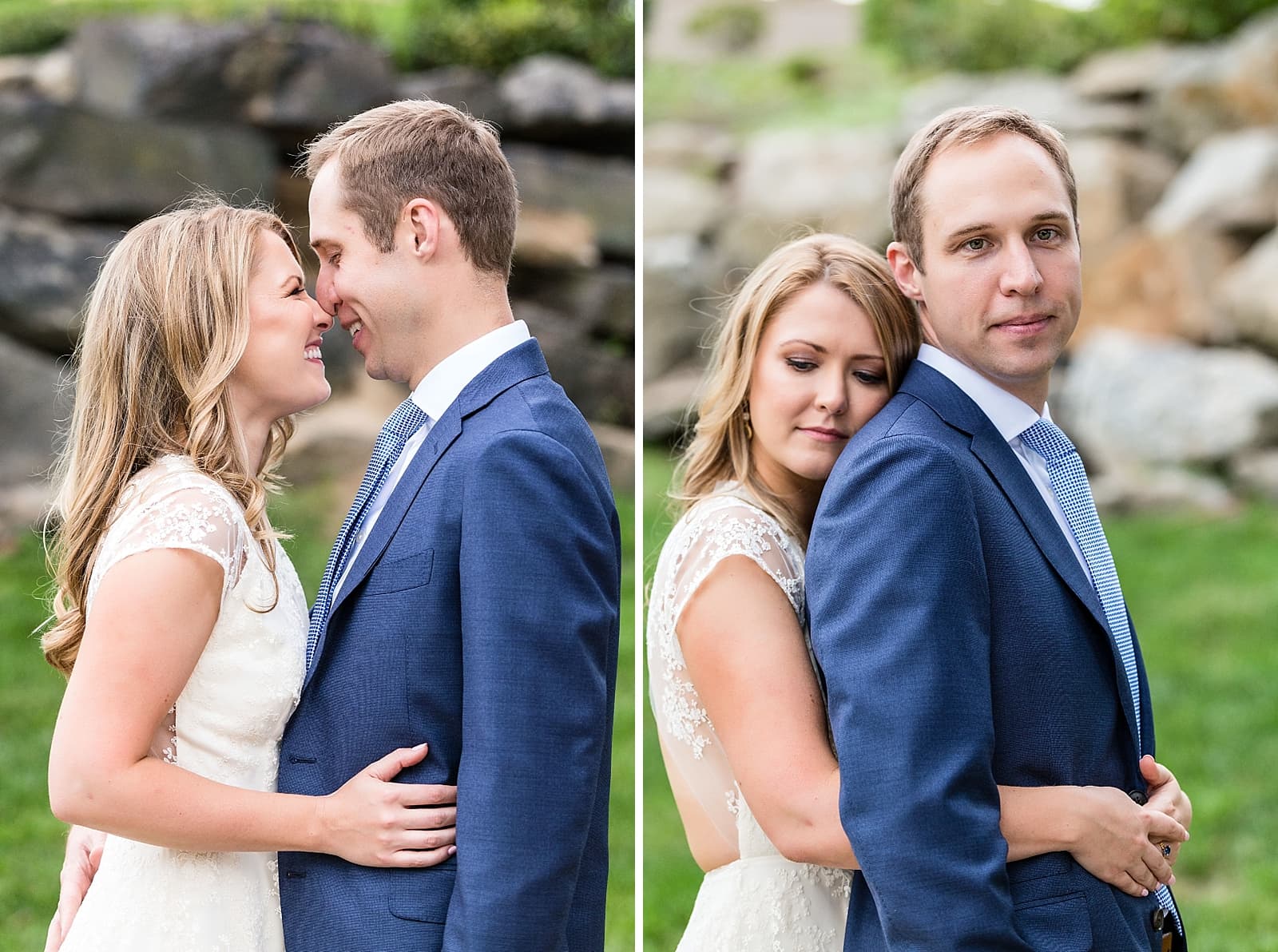 Couple laughing and hugging fiance from behind, intimate couple portraits