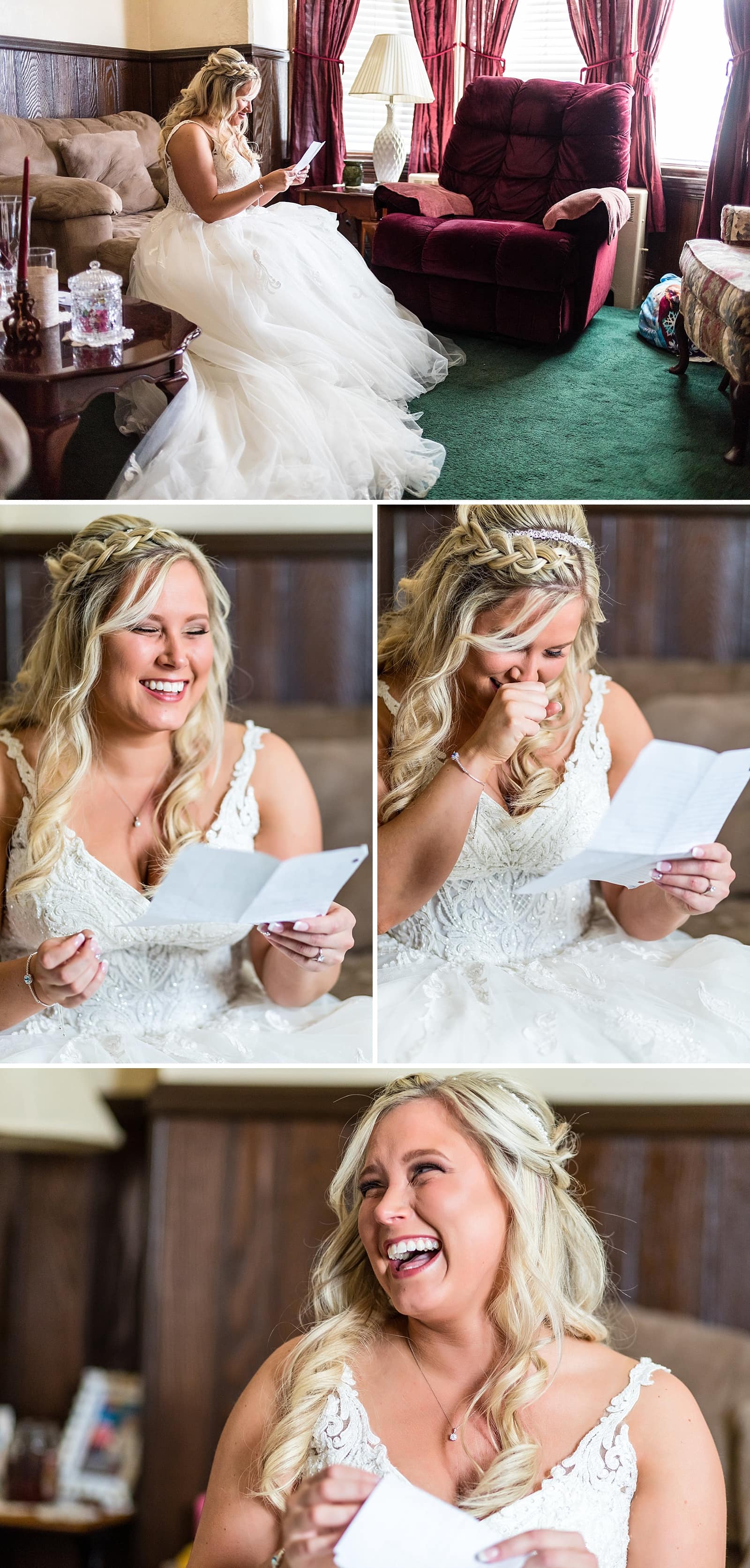 Bride alternating between tears and laughter as she reads a poem written by her groom