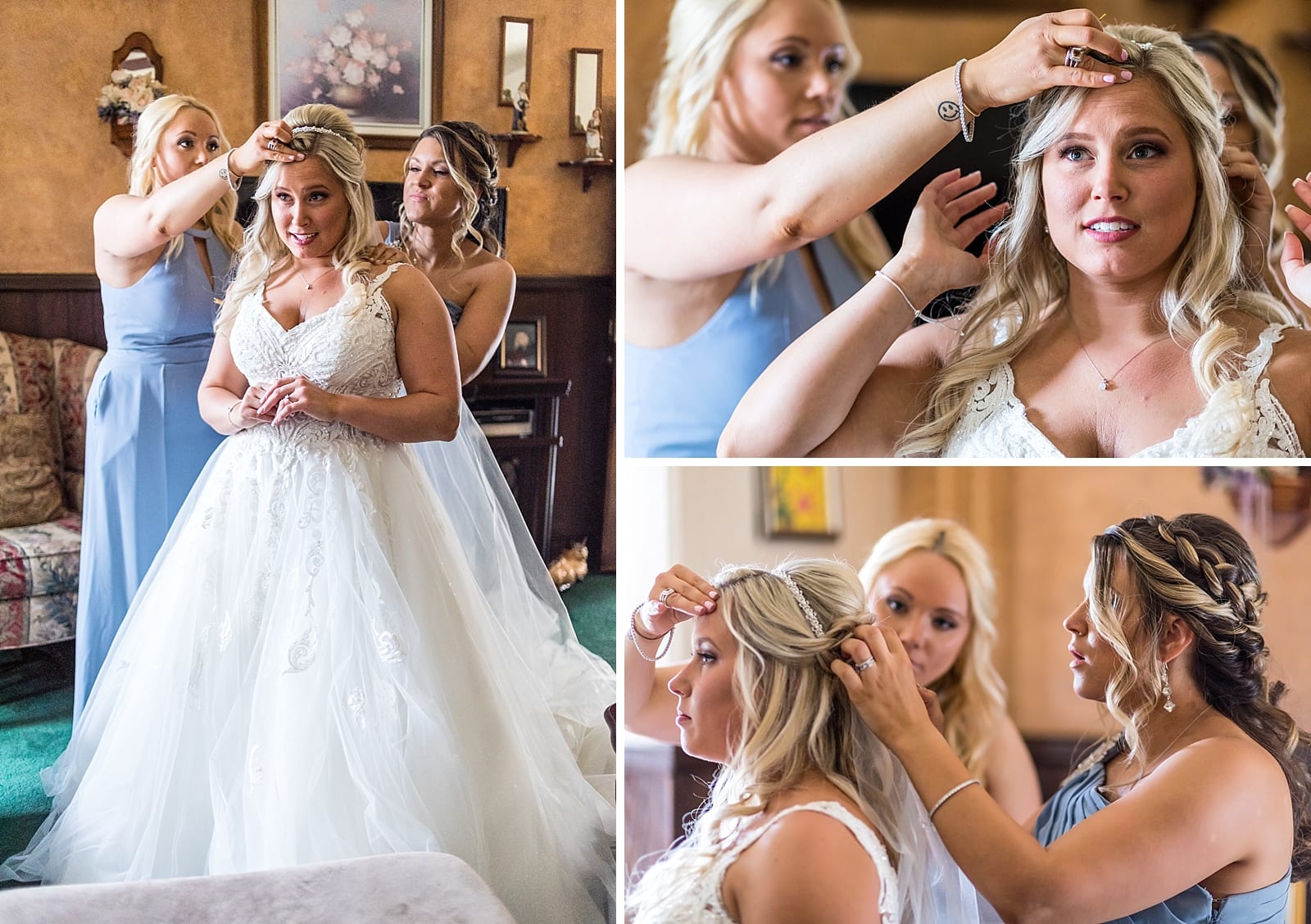 Sister of the bride & maid of honor help the bride put on her wedding veil.