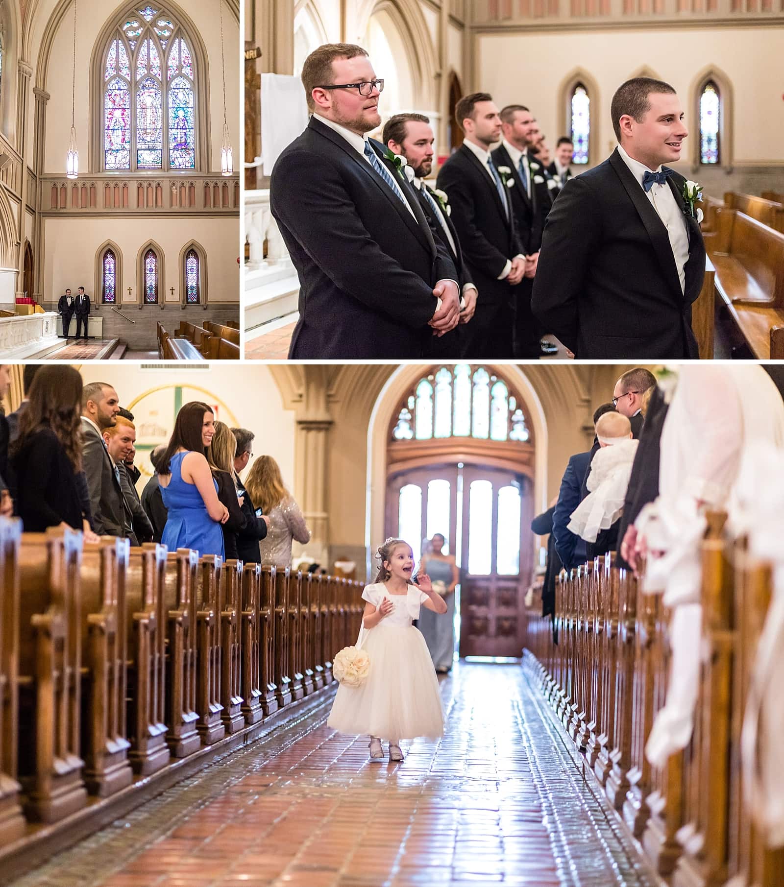 Flower Girl walking down the aisle in a catholic wedding mass at St Matthew's Church in Conshohocken.