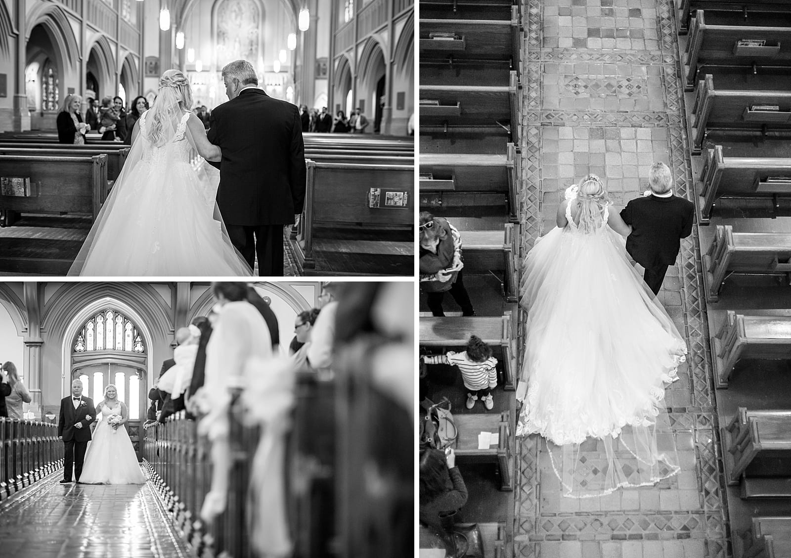 Bride & her father walking down the aisle during a catholic wedding mass at St Matthew's Church in Conshohocken.