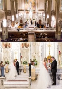 Bride & Groom exchanging rings and their first kiss during a catholic wedding mass at St Matthew's Church in Conshohocken.