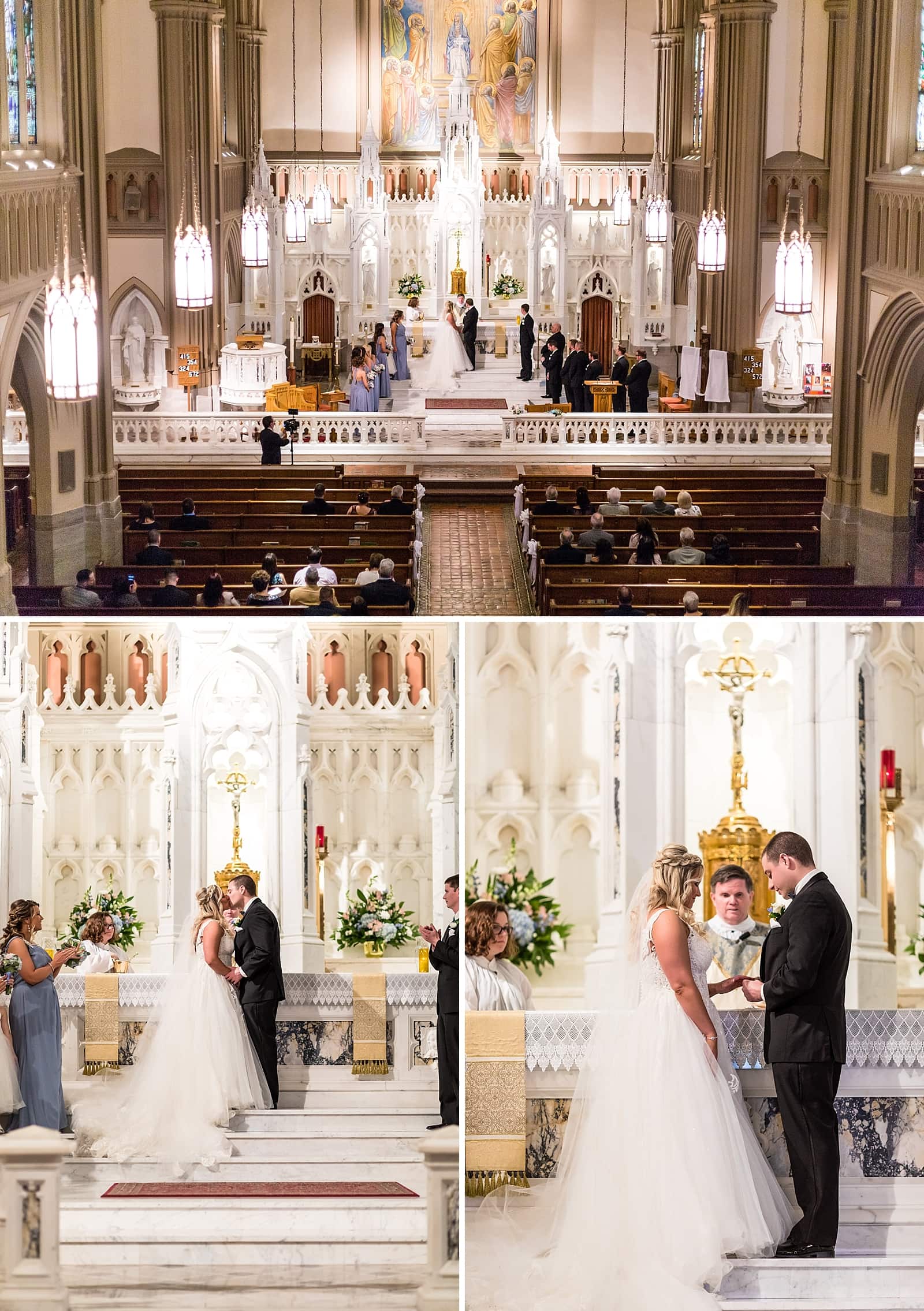 Bride & Groom exchanging rings and their first kiss during a catholic wedding mass at St Matthew's Church in Conshohocken.