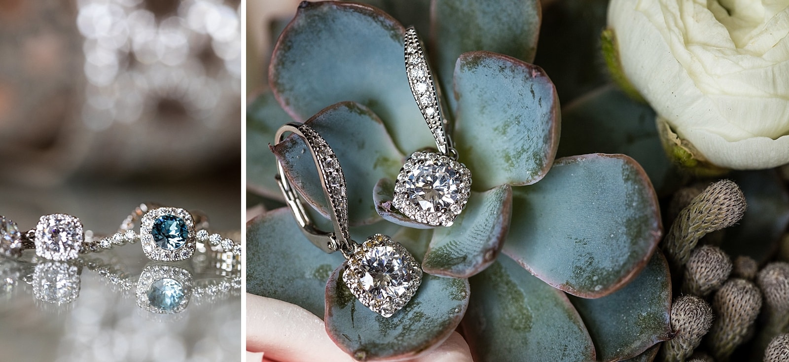 Diamond dangling earrings on a succulent bouquet, blue sapphire & diamond bracelet.