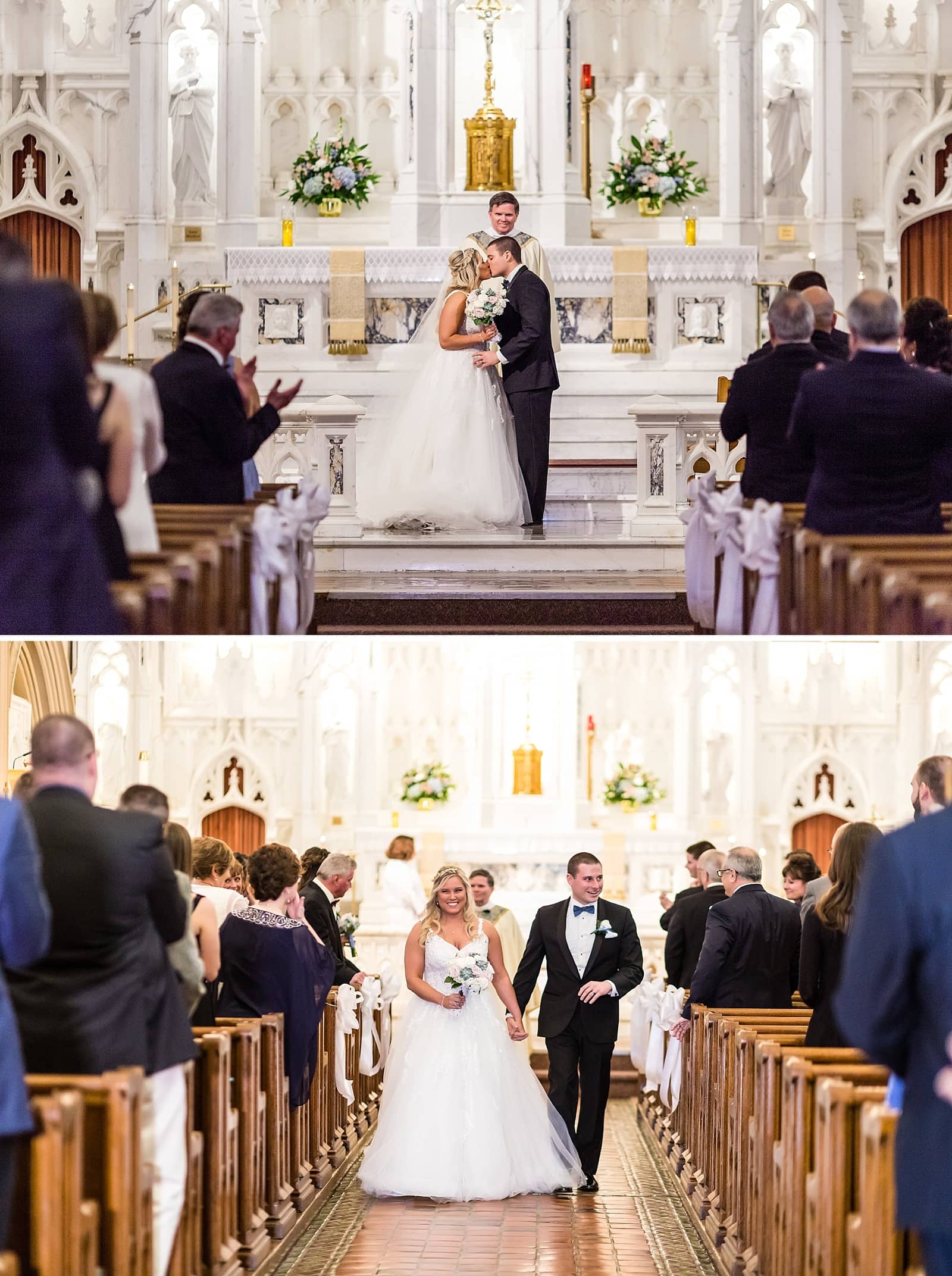 Bride & Groom embrace before walking down the aisle during a catholic wedding mass at St Matthew's Church in Conshohocken.