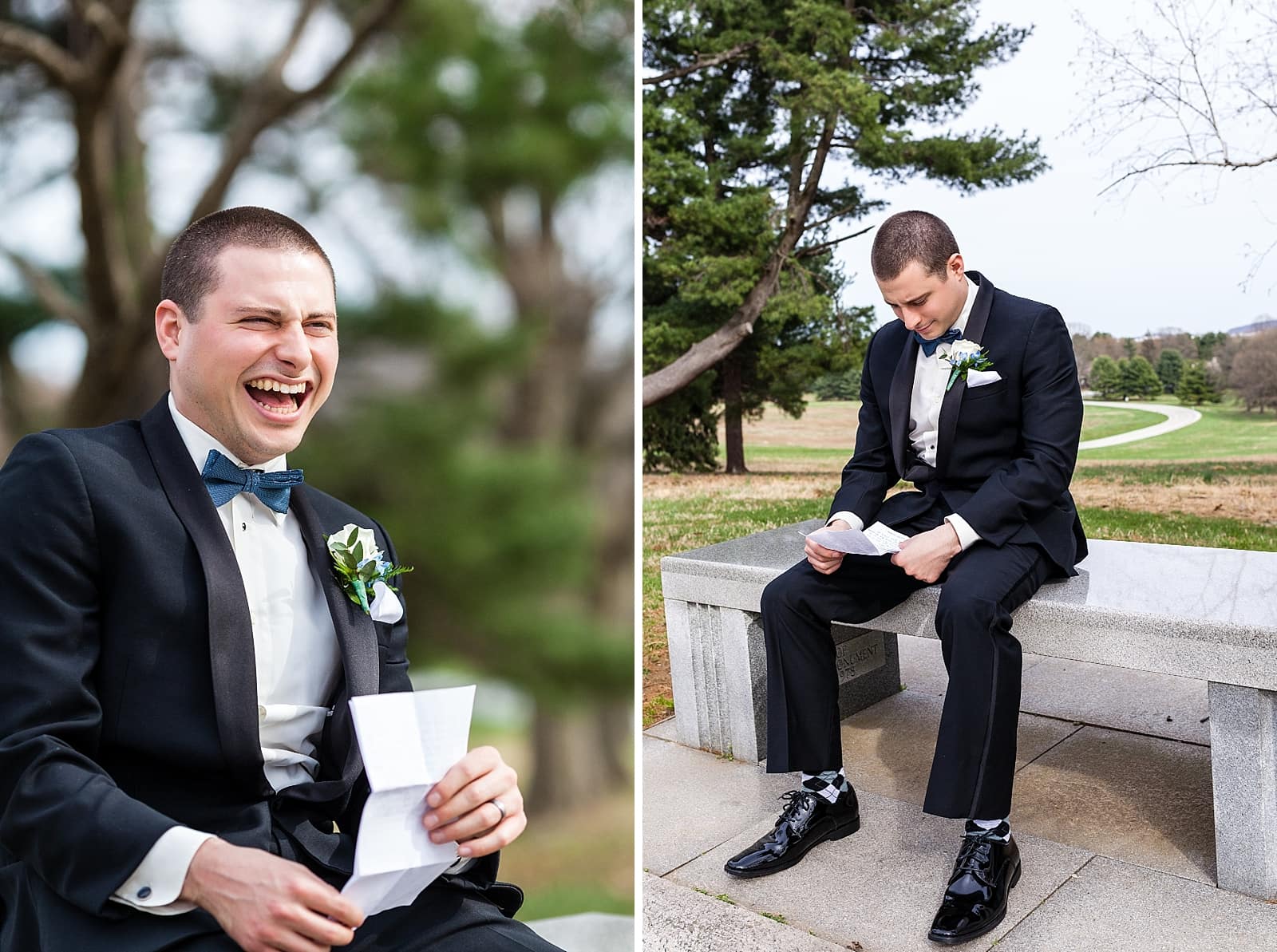 Groom cracks up while reading a letter from his bride at the memorial arch in Valley Forge National Park.