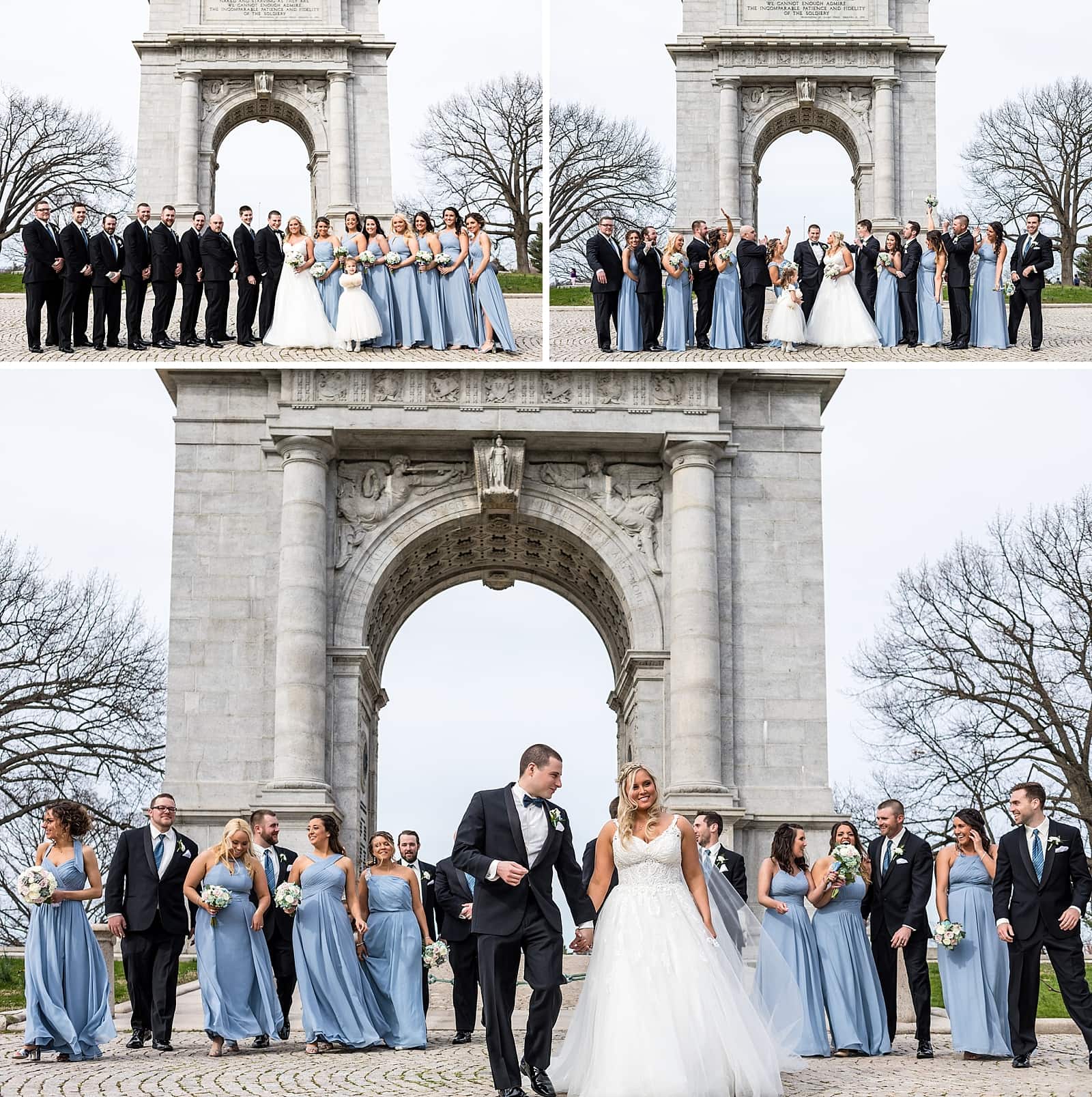 Full wedding party portraits at the memorial arch in Valley Forge National Park.
