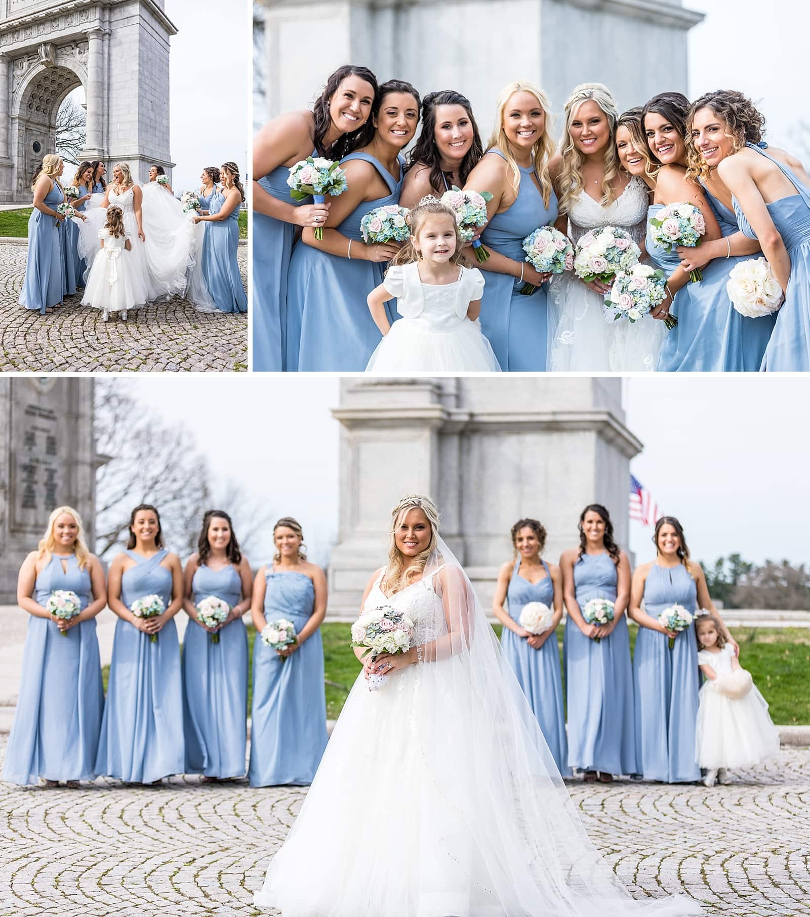 Bridal party portraits at the memorial arch in Valley Forge National Park.