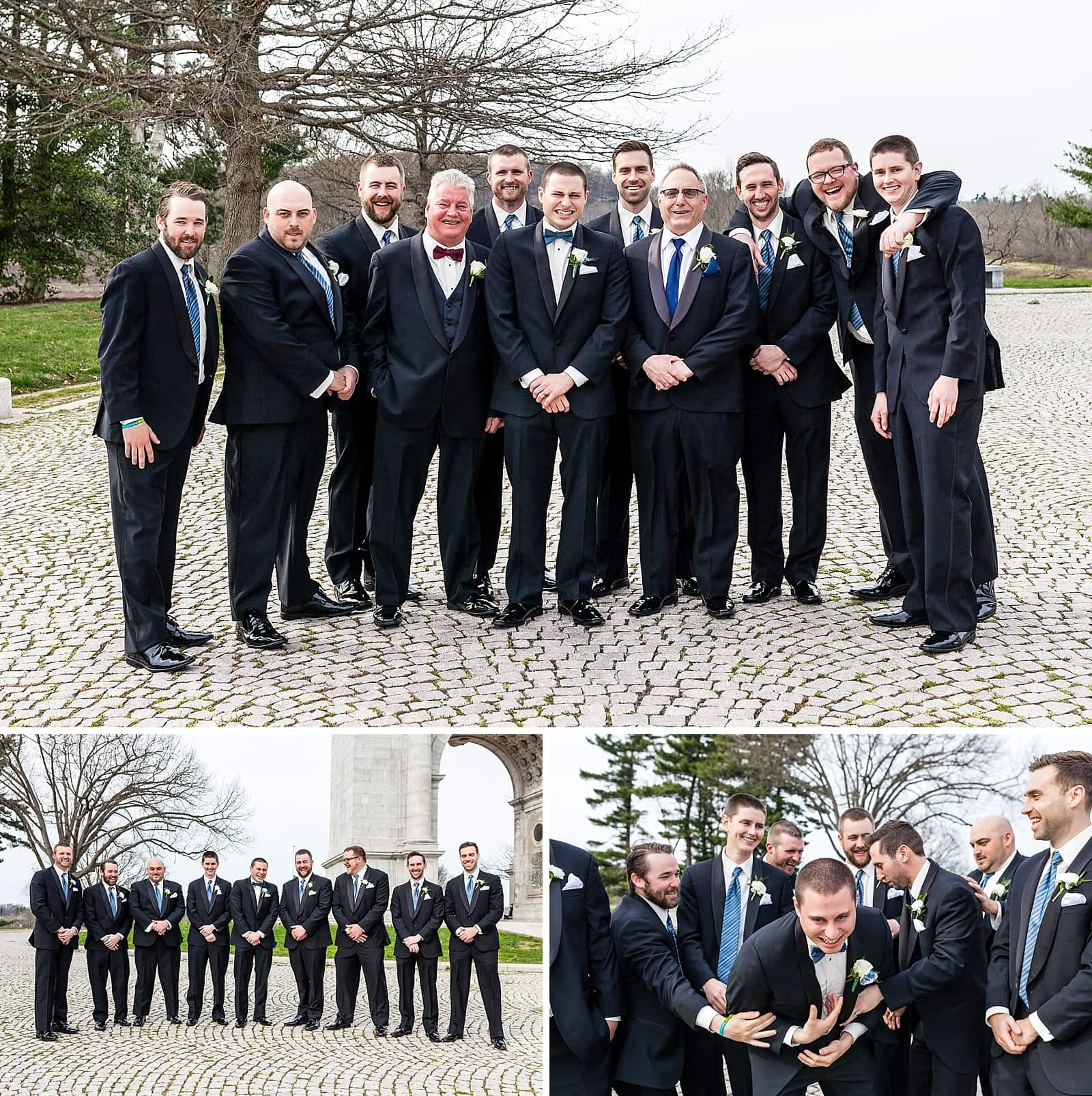 Groomsmen portraits at the memorial arch in Valley Forge National Park.