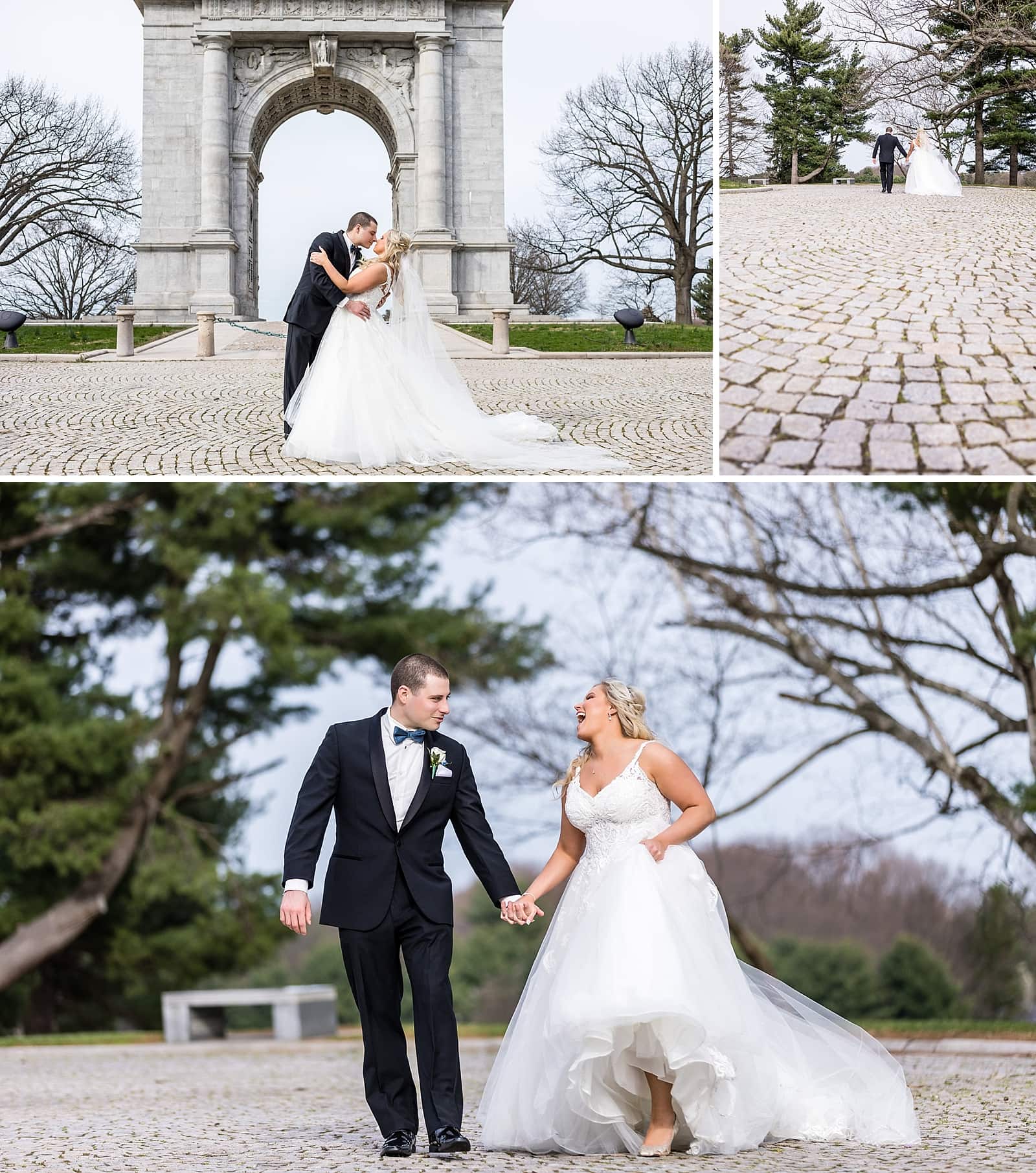 Bride & Groom wedding portraits at the memorial arch in Valley Forge National Park.