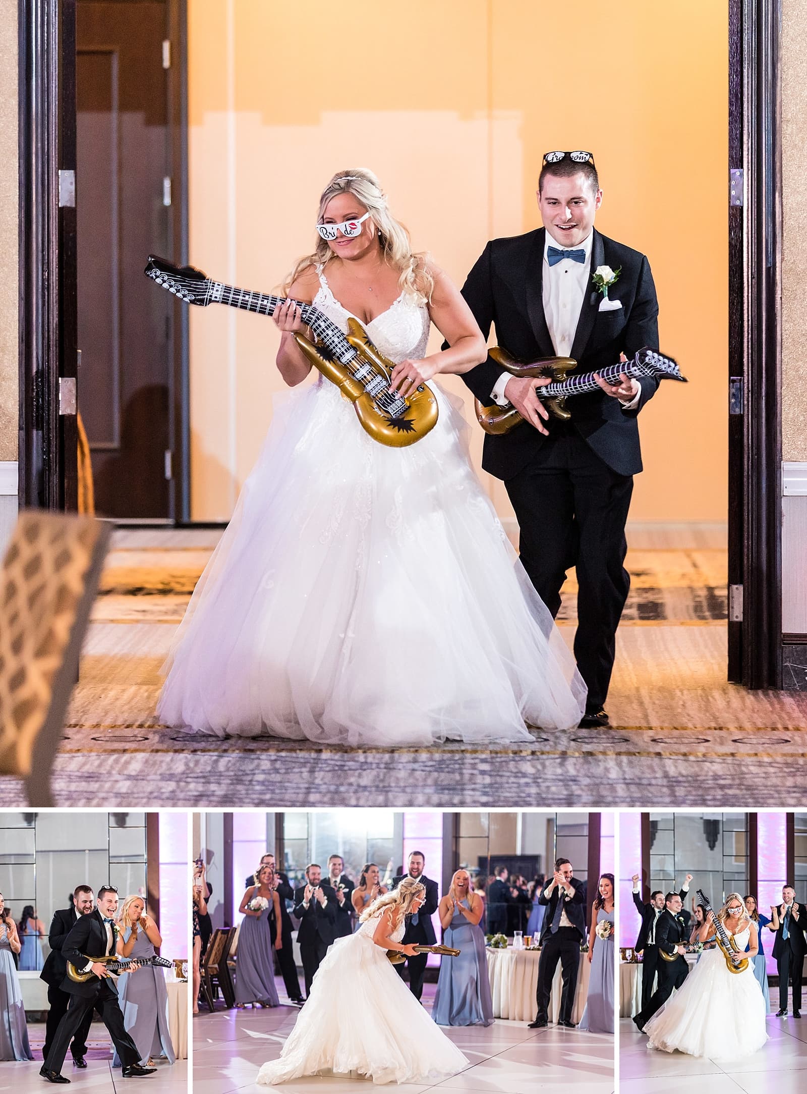 Bride & Groom enter their Sheraton Valley Forge wedding reception with blow up guitars 