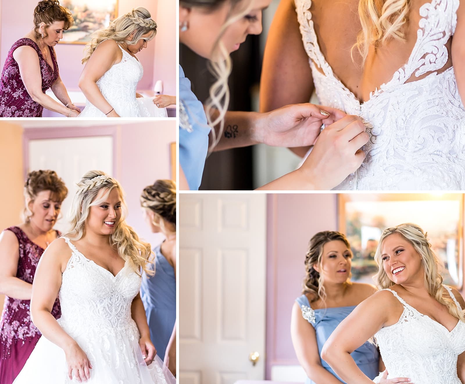 Bride getting into her Martina Liana wedding gown with her mother and maid of honor.