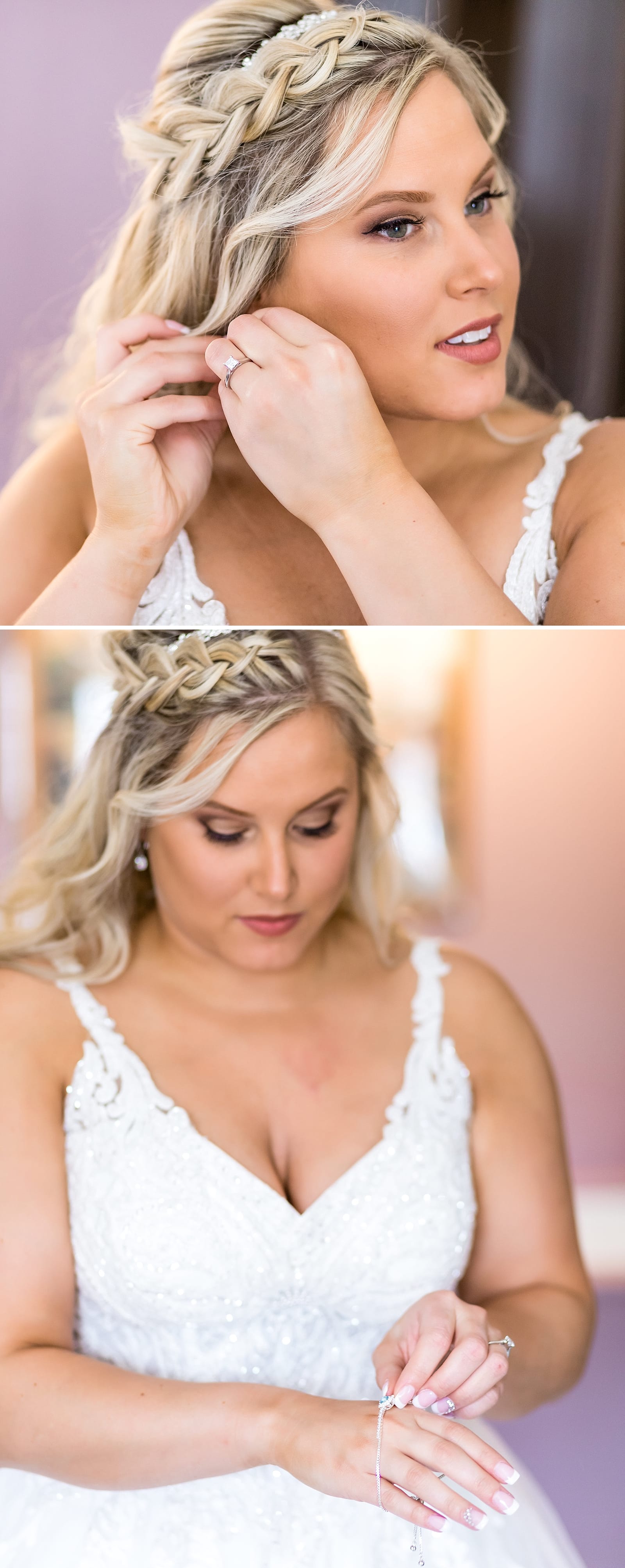 Bride puts on her diamond earrings and bracelet as she gets ready for her Sheraton Valley Forge wedding.