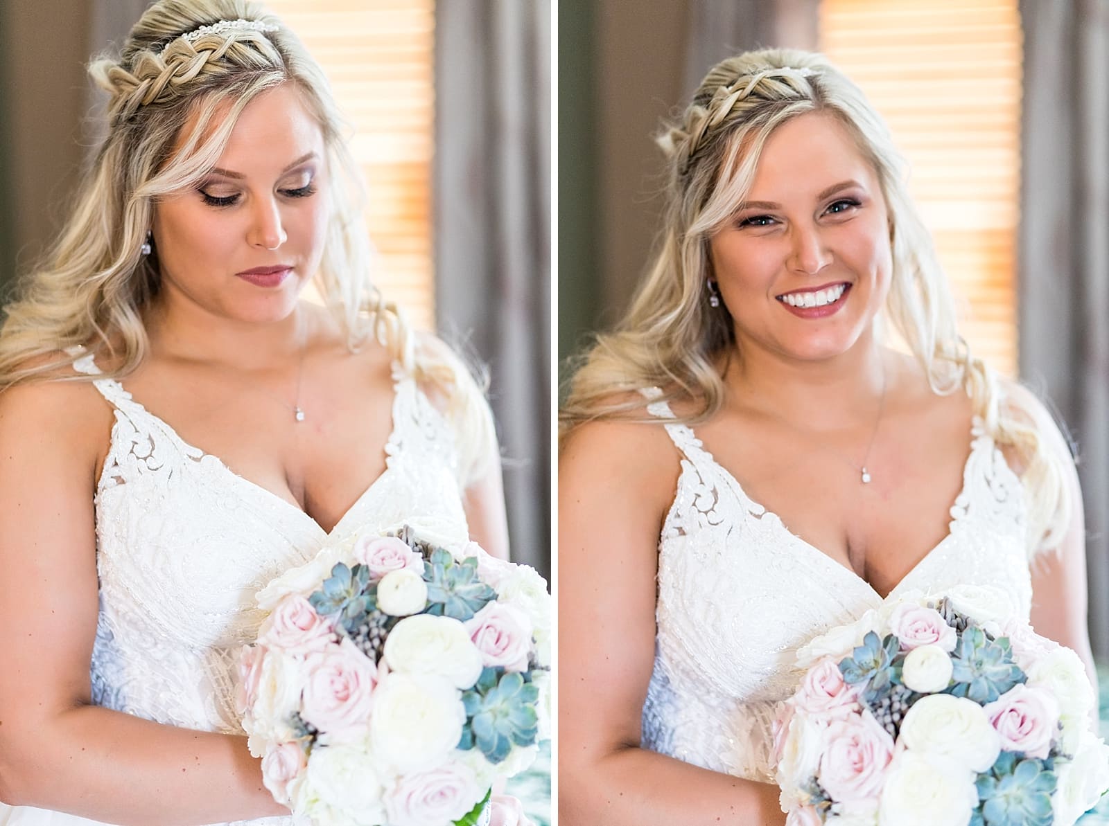 Bridal portraits by window light with a blush rose and succulent bouquet