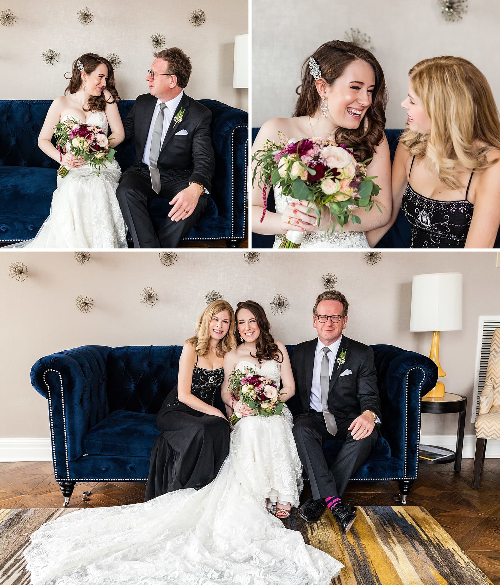 Bridal portraits with parents of the bride sitting on couch 