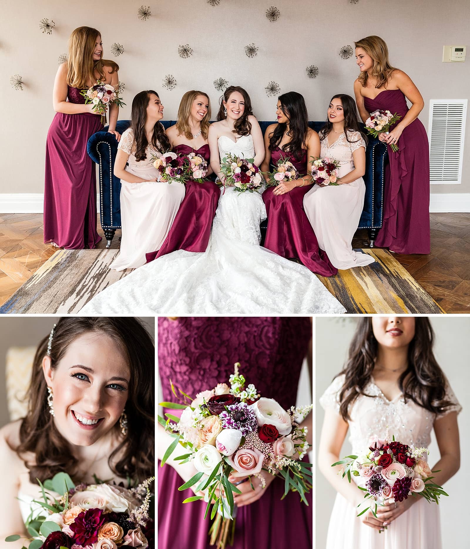 Bridal portraits with bridal party, bouquets, flower details