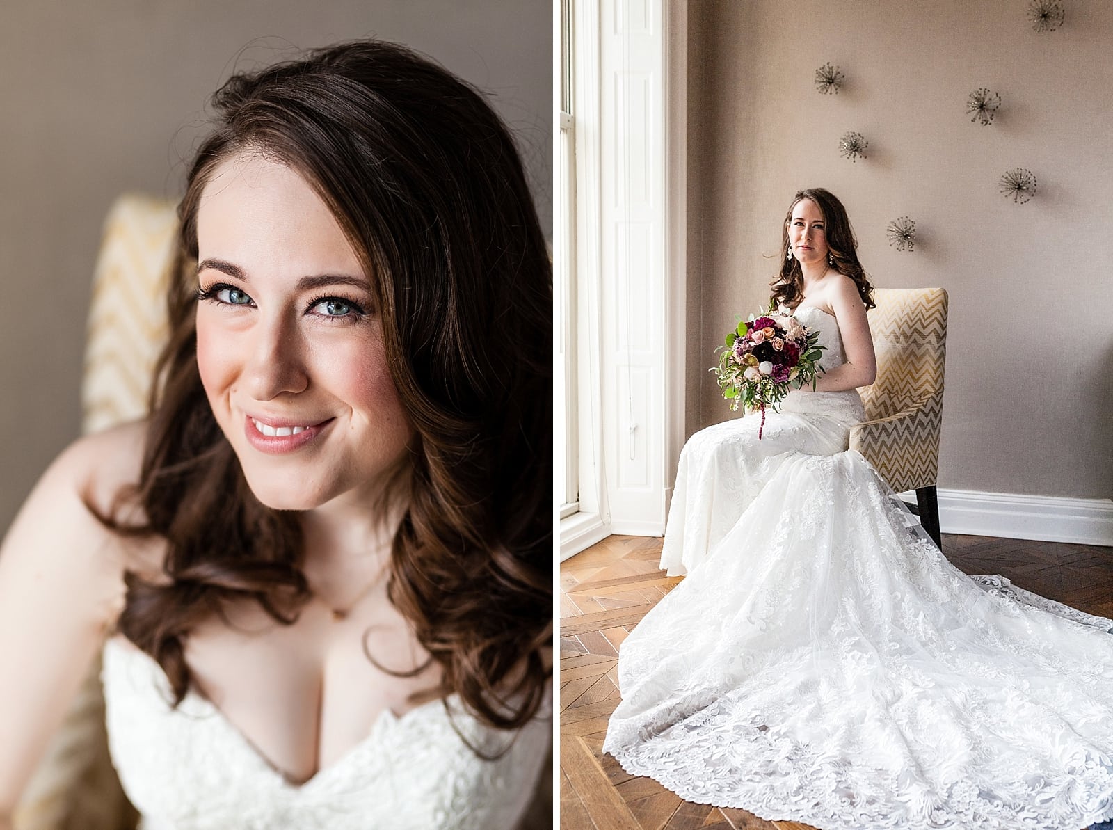Bridal portrait with bouquet and dress train